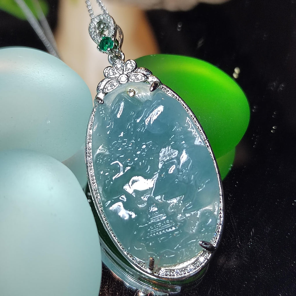 Certified A-Grade Guatemala Jadeite Landscaping Pendant | Large 49mm Carved Mountain Scene | S925 Zircon Setting | 45cm Silver Chain | SL487 SL Precious