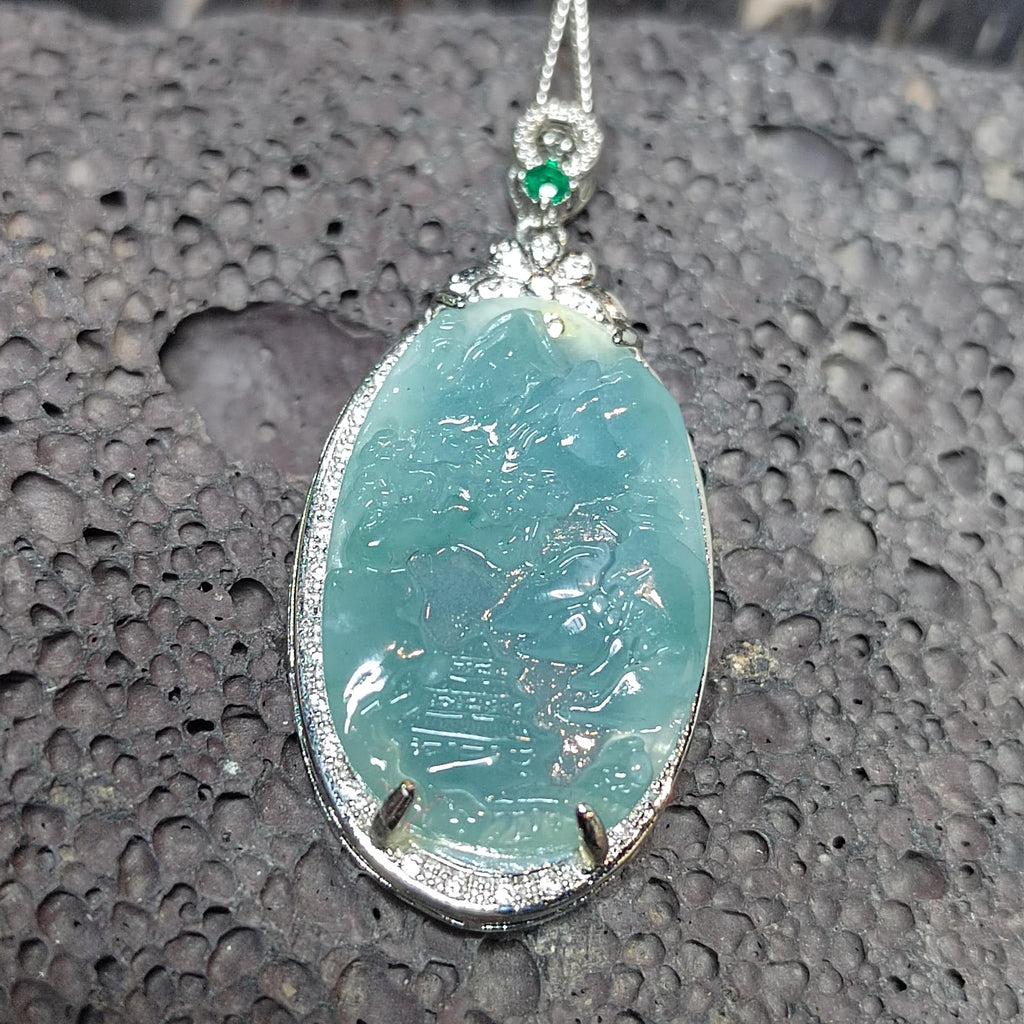 Certified A-Grade Guatemala Jadeite Landscaping Pendant | Large 49mm Carved Mountain Scene | S925 Zircon Setting | 45cm Silver Chain | SL487 SL Precious