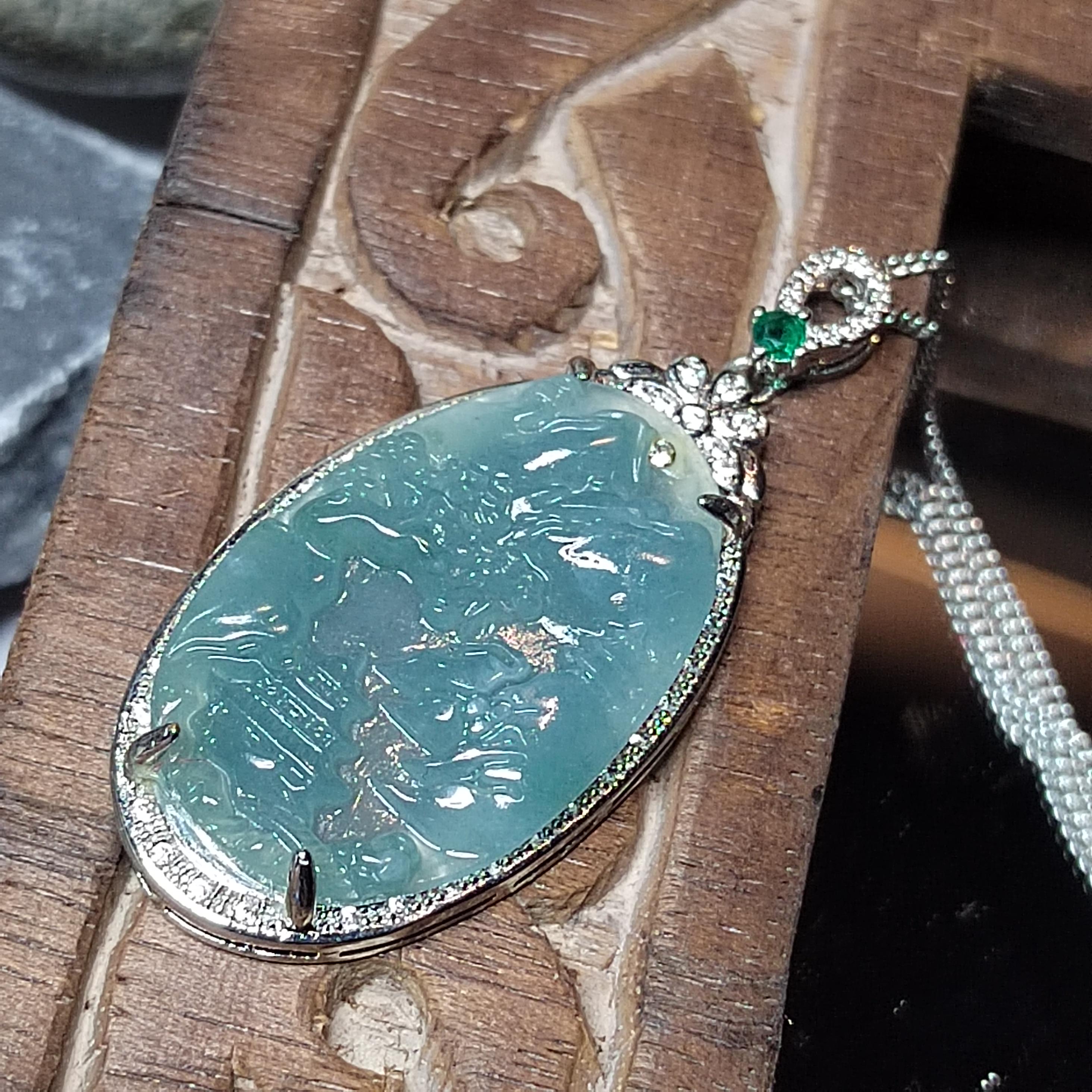 Certified A-Grade Guatemala Jadeite Landscaping Pendant | Large 49mm Carved Mountain Scene | S925 Zircon Setting | 45cm Silver Chain | SL487 SL Precious