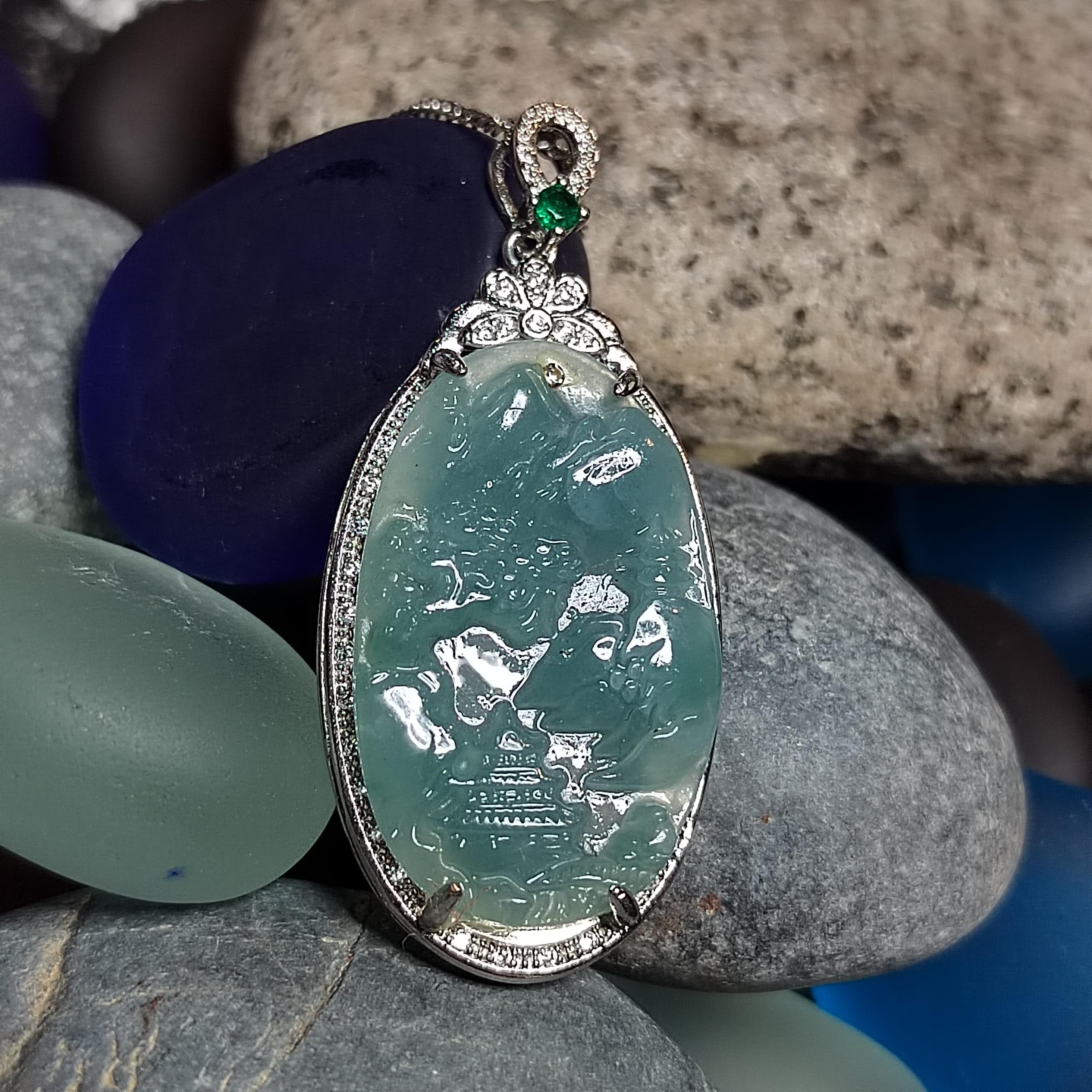 Certified A-Grade Guatemala Jadeite Landscaping Pendant | Large 49mm Carved Mountain Scene | S925 Zircon Setting | 45cm Silver Chain | SL487 SL Precious