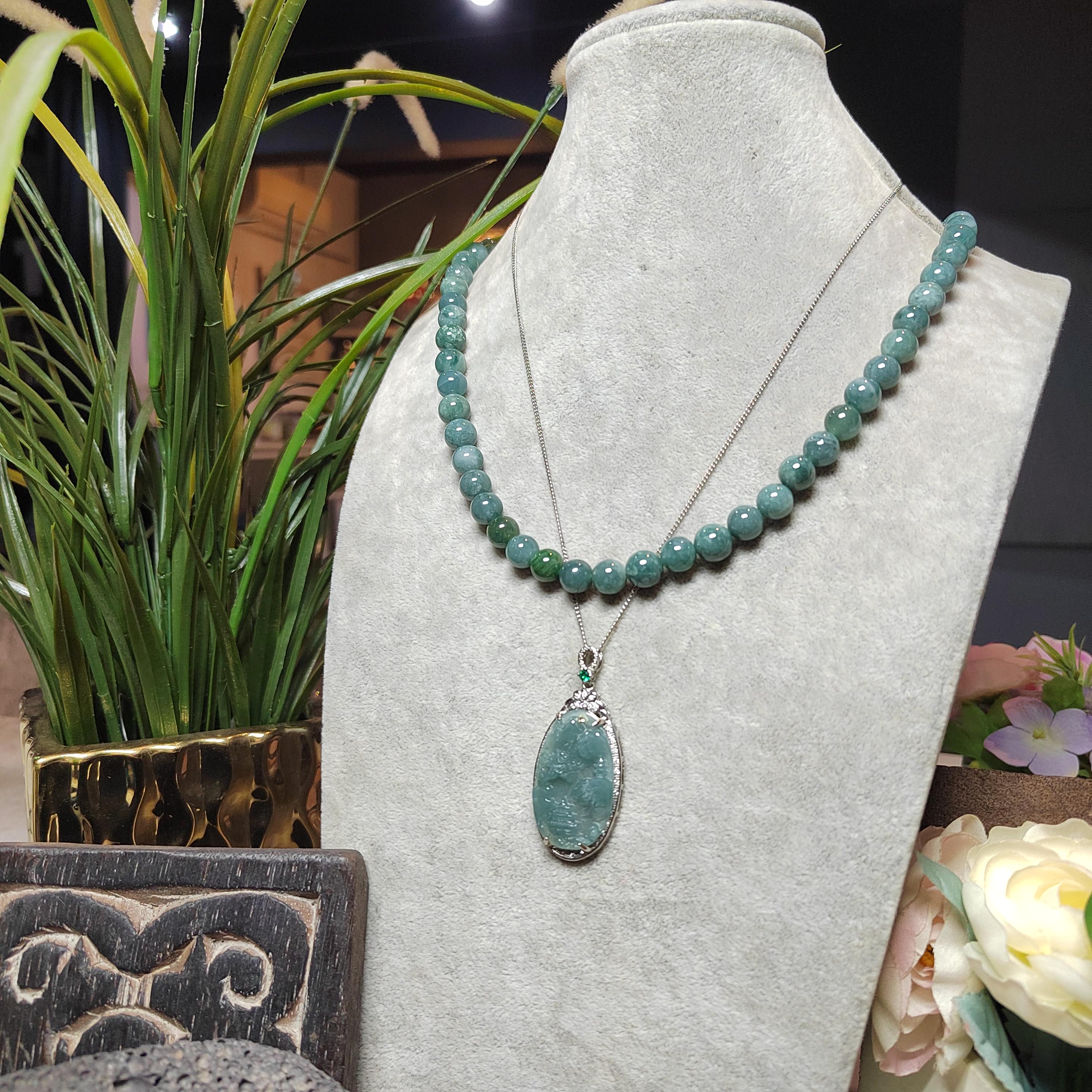 Certified A-Grade Guatemala Jadeite Landscaping Pendant | Large 49mm Carved Mountain Scene | S925 Zircon Setting | 45cm Silver Chain | SL487 SL Precious