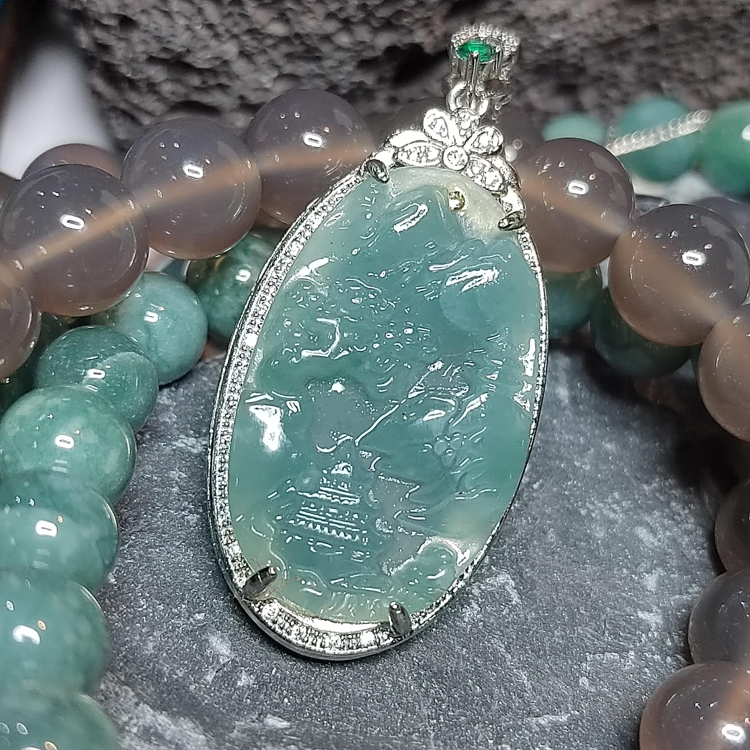 Certified A-Grade Guatemala Jadeite Landscaping Pendant | Large 49mm Carved Mountain Scene | S925 Zircon Setting | 45cm Silver Chain | SL487 SL Precious