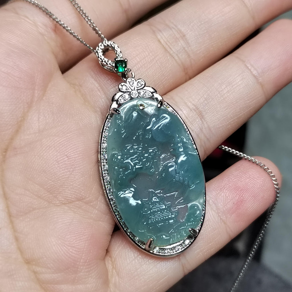 Certified A-Grade Guatemala Jadeite Landscaping Pendant | Large 49mm Carved Mountain Scene | S925 Zircon Setting | 45cm Silver Chain | SL487 SL Precious