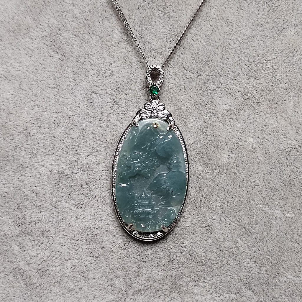 Certified A-Grade Guatemala Jadeite Landscaping Pendant | Large 49mm Carved Mountain Scene | S925 Zircon Setting | 45cm Silver Chain | SL487 SL Precious