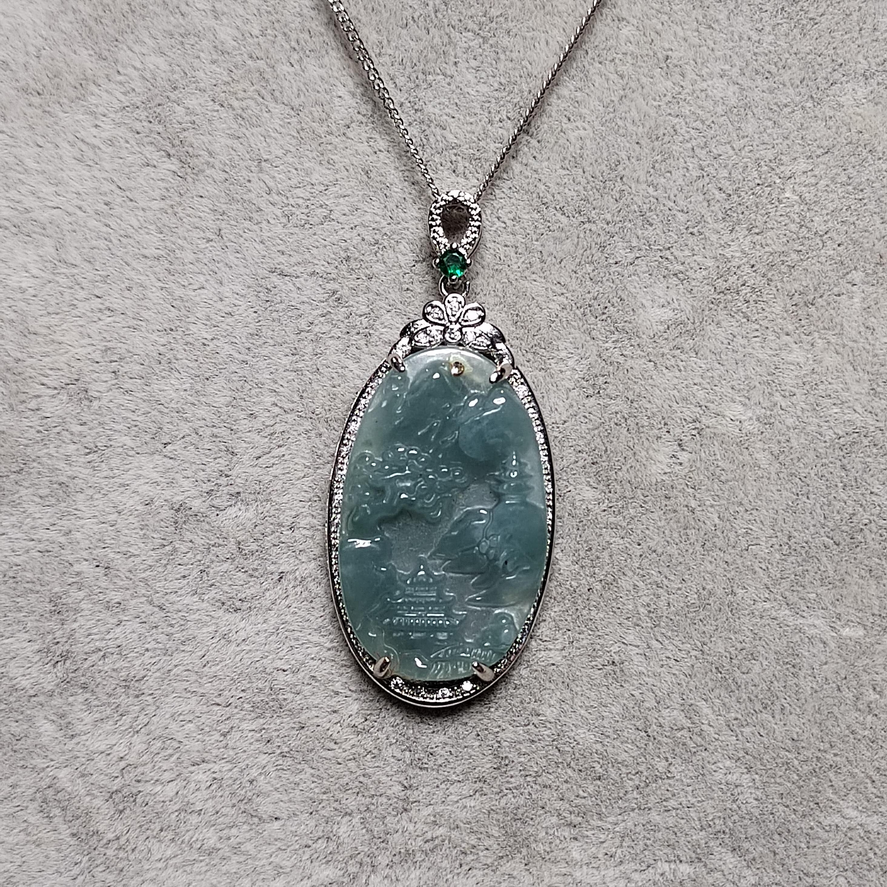 Certified A-Grade Guatemala Jadeite Landscaping Pendant | Large 49mm Carved Mountain Scene | S925 Zircon Setting | 45cm Silver Chain | SL487 SL Precious