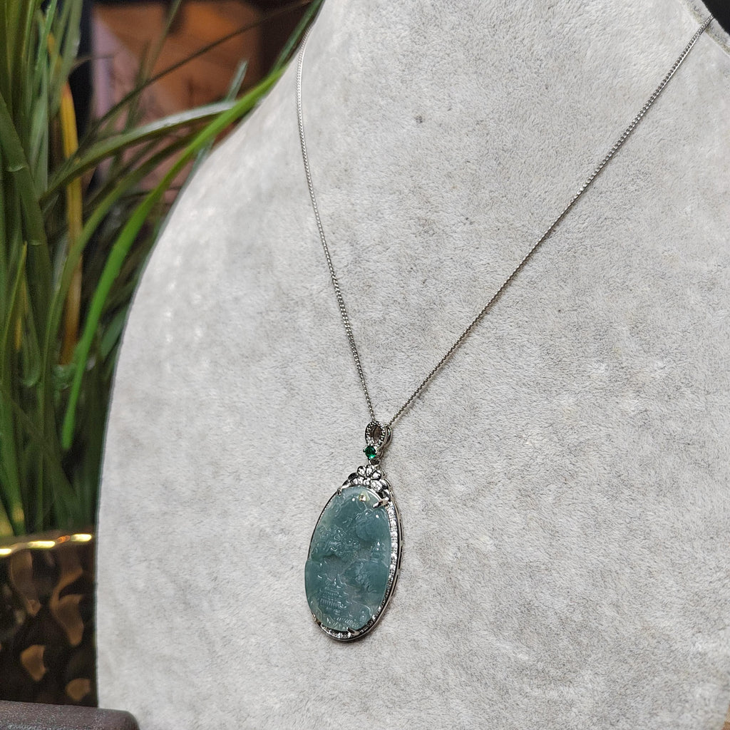 Certified A-Grade Guatemala Jadeite Landscaping Pendant | Large 49mm Carved Mountain Scene | S925 Zircon Setting | 45cm Silver Chain | SL487 SL Precious