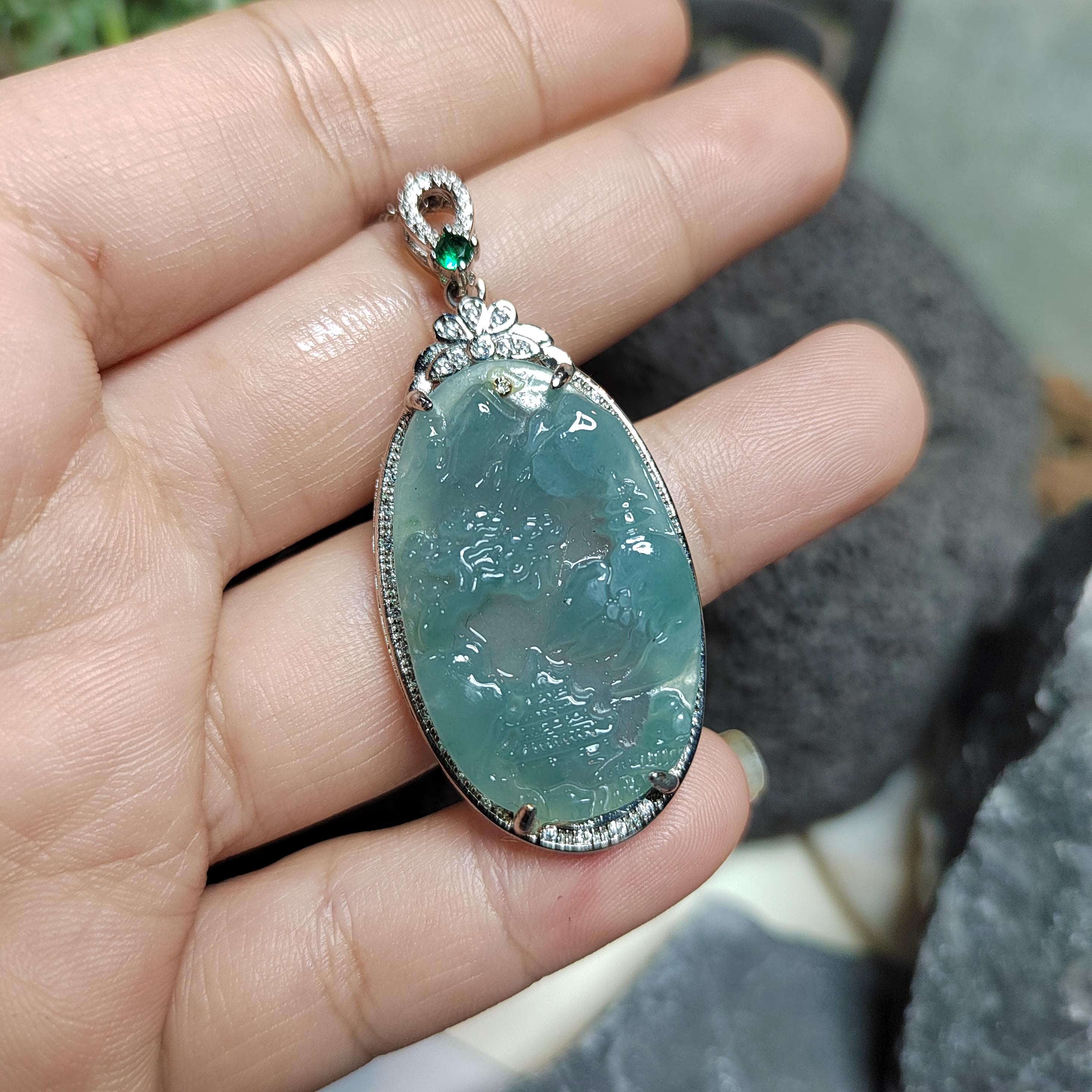 Certified A-Grade Guatemala Jadeite Landscaping Pendant | Large 49mm Carved Mountain Scene | S925 Zircon Setting | 45cm Silver Chain | SL487 SL Precious