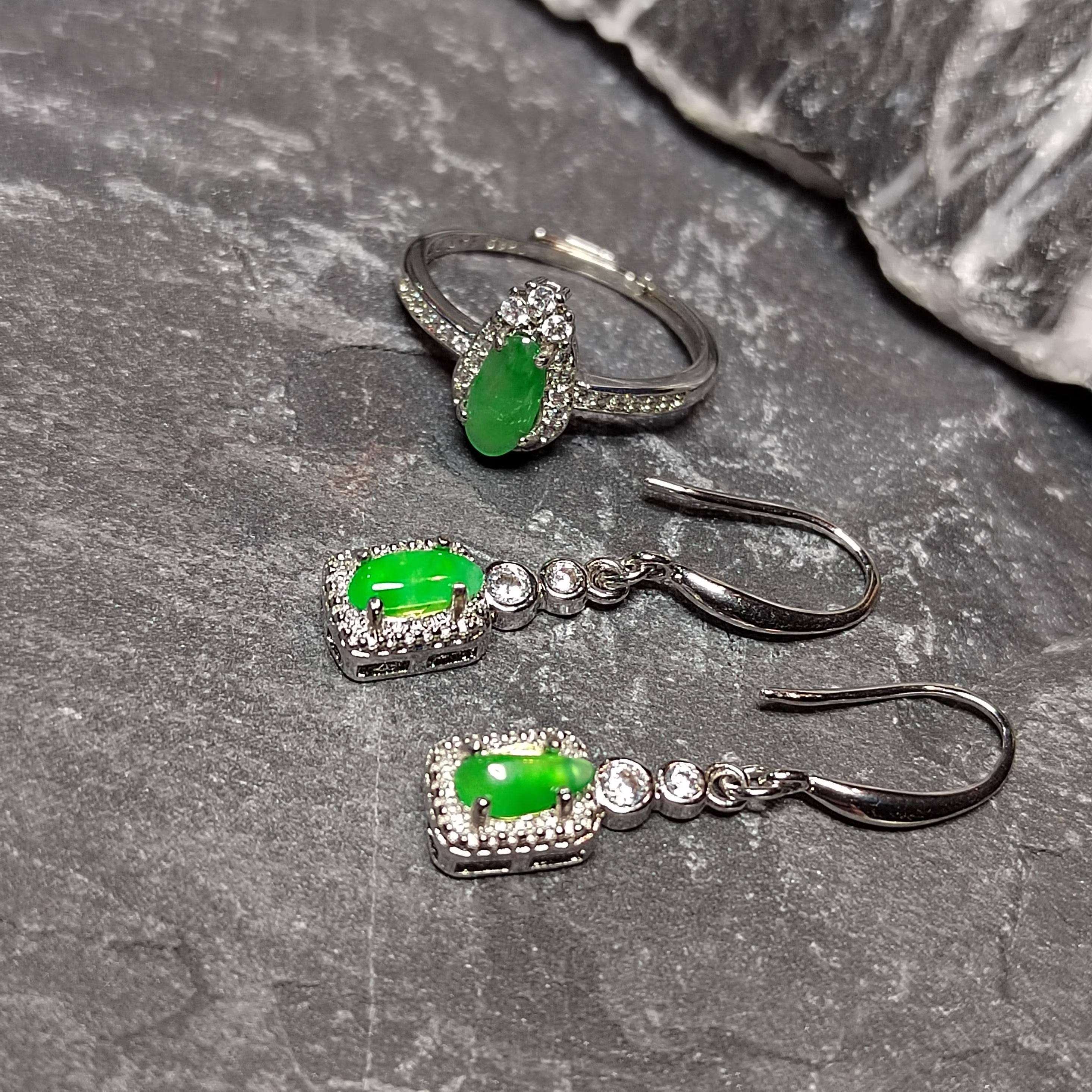Certified Burmese Jadeite Glow-Green Earrings & Ring Set |Natural Untreated Jadeite |18K White Gold Plated S925 | Collector’s Set SL502 SL Precious