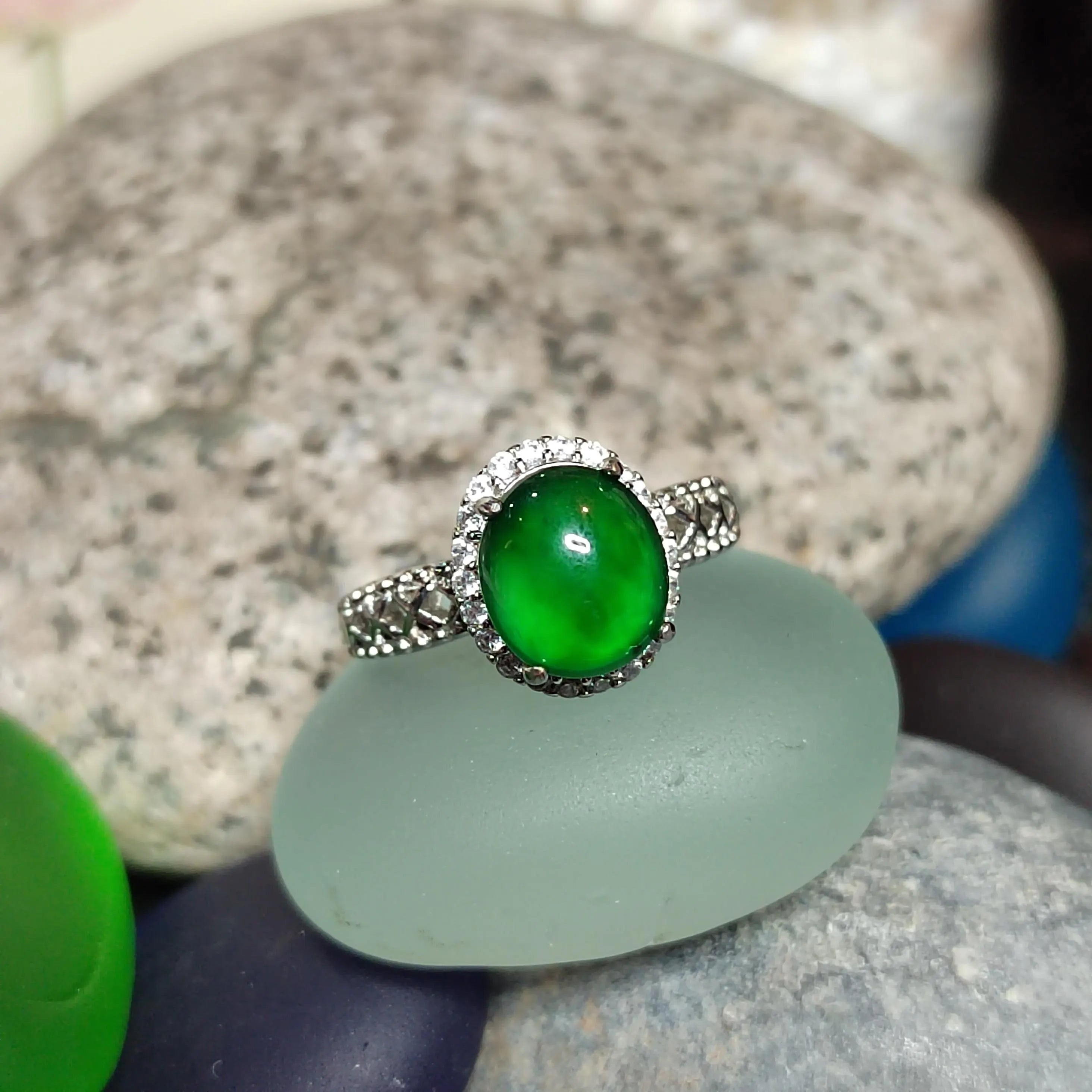 Certified A-Grade Natural Untreated Guatemala Imperial Green Jadeite Ring | 18K White Gold Plated | Adjustable | SL503 SL Precious