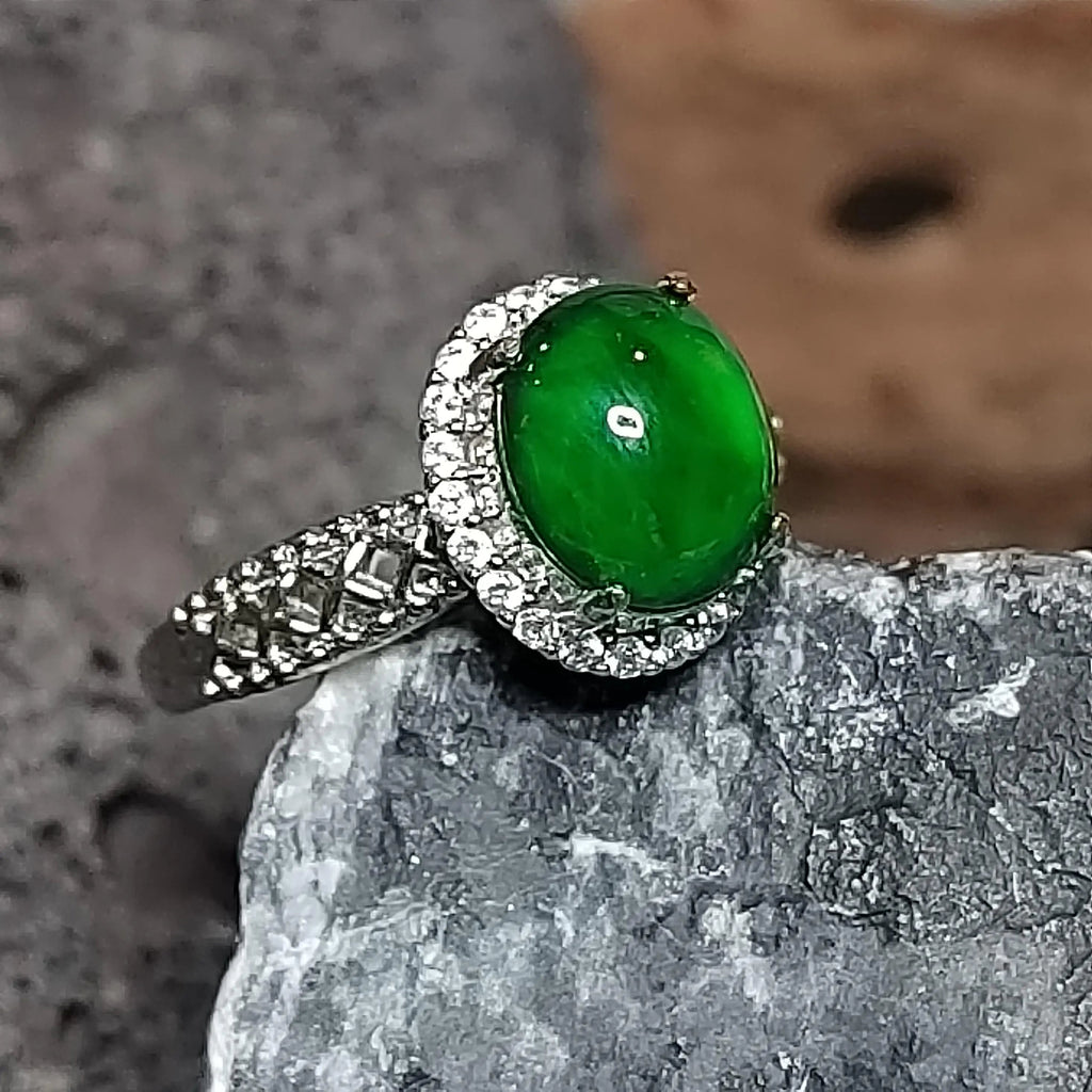 Certified A-Grade Natural Untreated Guatemala Imperial Green Jadeite Ring | 18K White Gold Plated | Adjustable | SL503 SL Precious