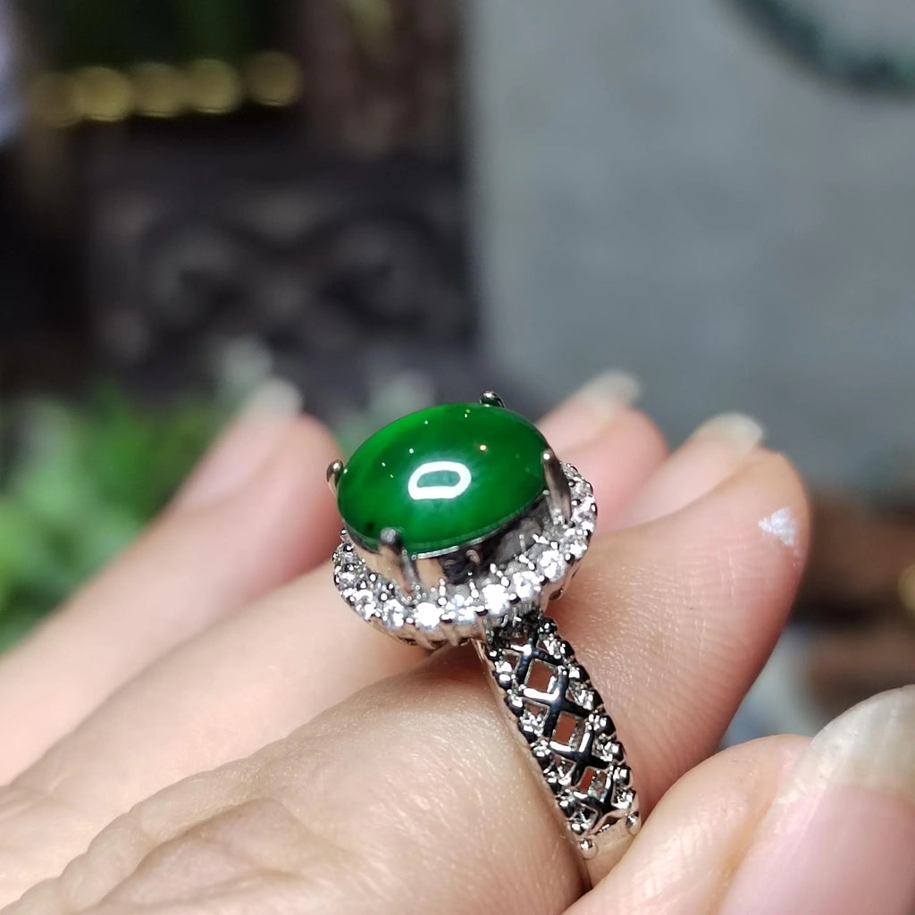Certified A-Grade Natural Untreated Guatemala Imperial Green Jadeite Ring | 18K White Gold Plated | Adjustable | SL503 SL Precious