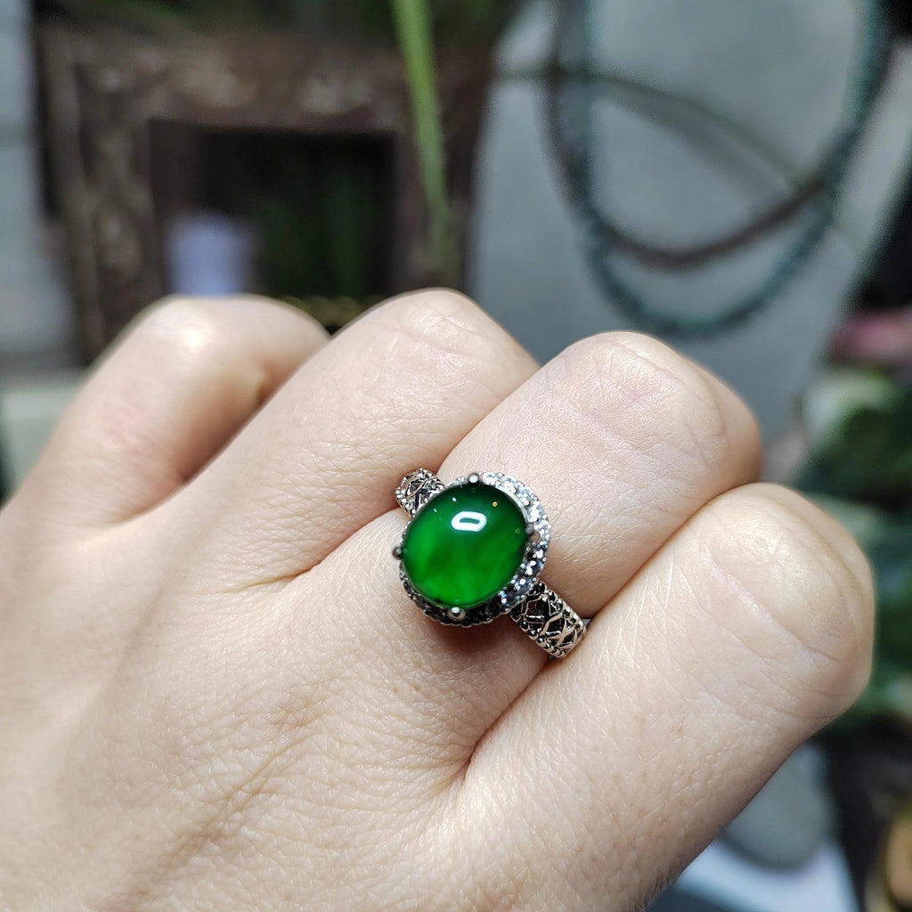 Certified A-Grade Natural Untreated Guatemala Imperial Green Jadeite Ring | 18K White Gold Plated | Adjustable | SL503 SL Precious