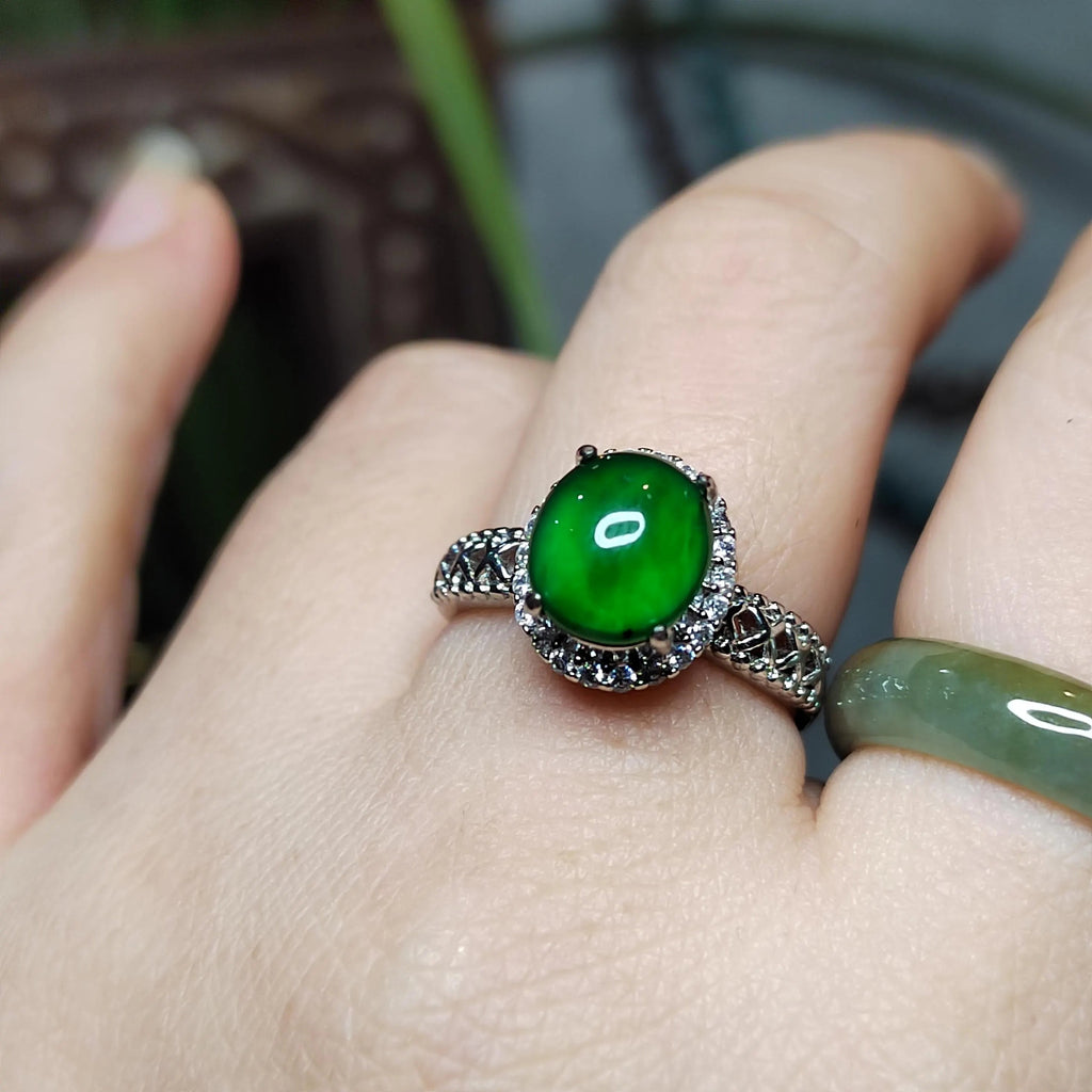 Certified A-Grade Natural Untreated Guatemala Imperial Green Jadeite Ring | 18K White Gold Plated | Adjustable | SL503 SL Precious