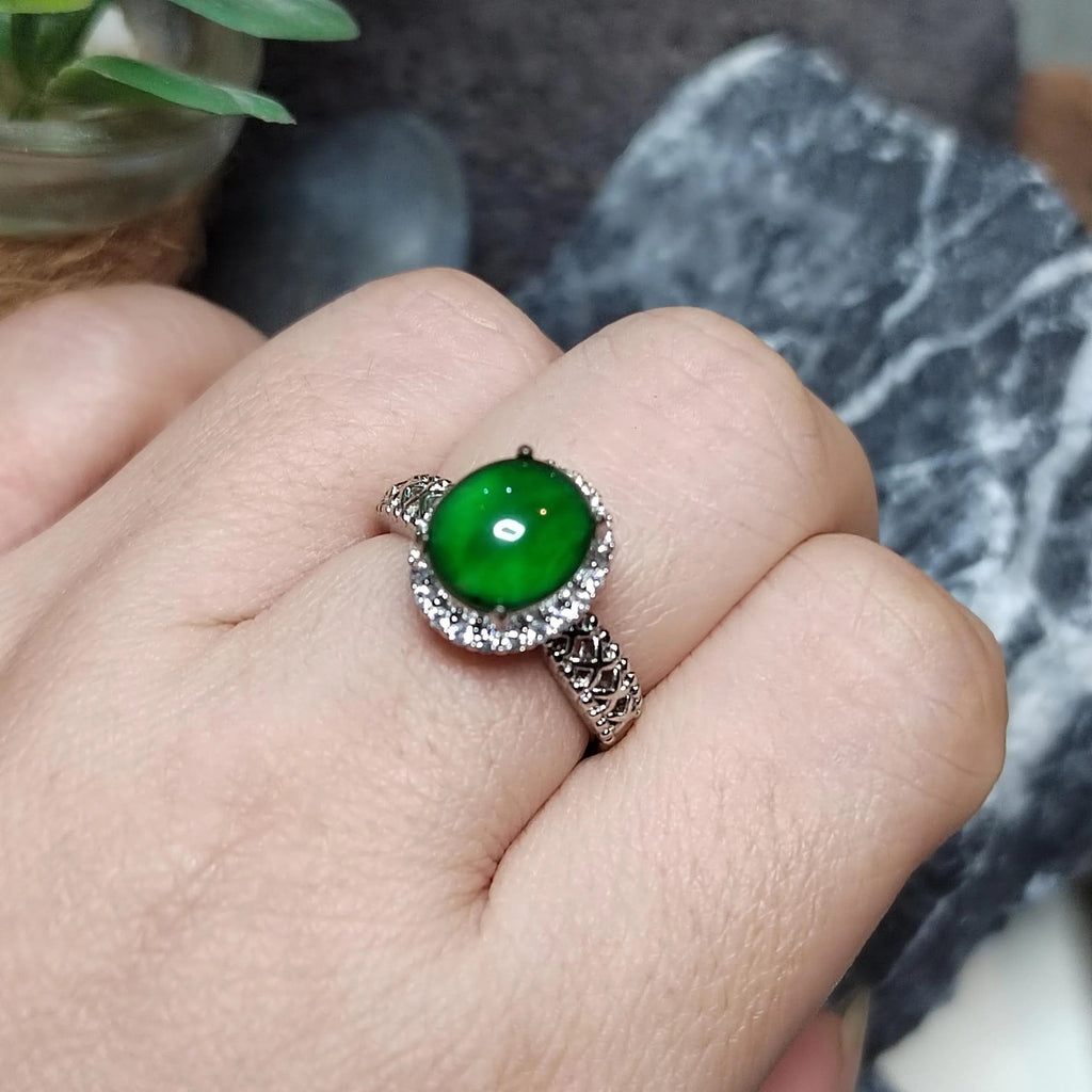 Certified A-Grade Natural Untreated Guatemala Imperial Green Jadeite Ring | 18K White Gold Plated | Adjustable | SL503 SL Precious