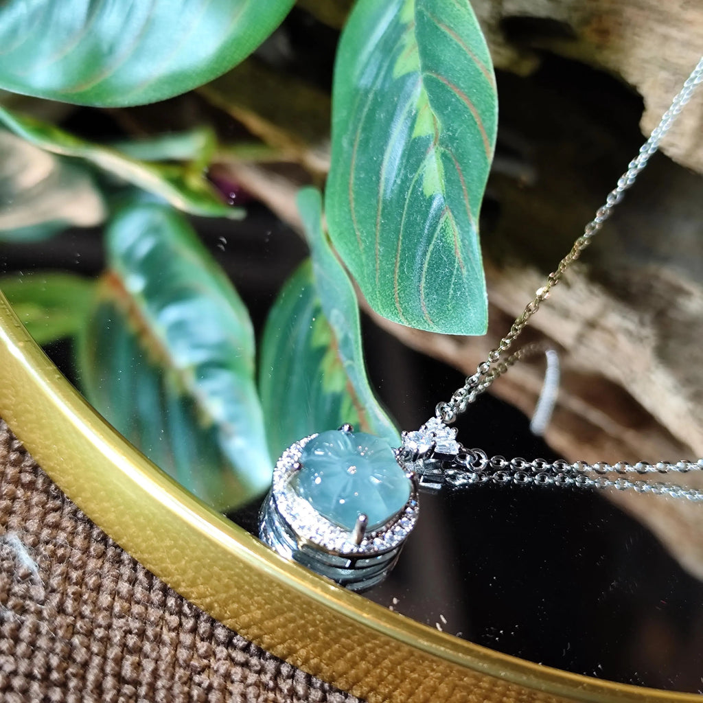 Certified A-Grade Guatemala Jadeite Flower Pendant Necklace | Elegant Minimalist Design with Zircon | S925 Sterling Silver | SL362B SL Precious