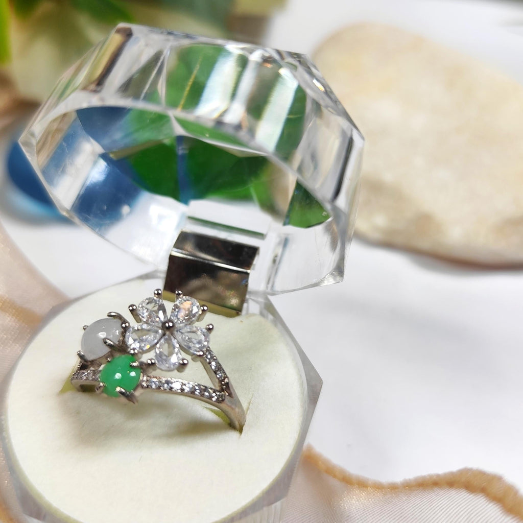 Certified A-Grade Burmese Apple Green & Icy White Jadeite Ring | 18K Gold-Plated S925 Silver | Adjustable Floral Zircon Design | SL189 SL Precious