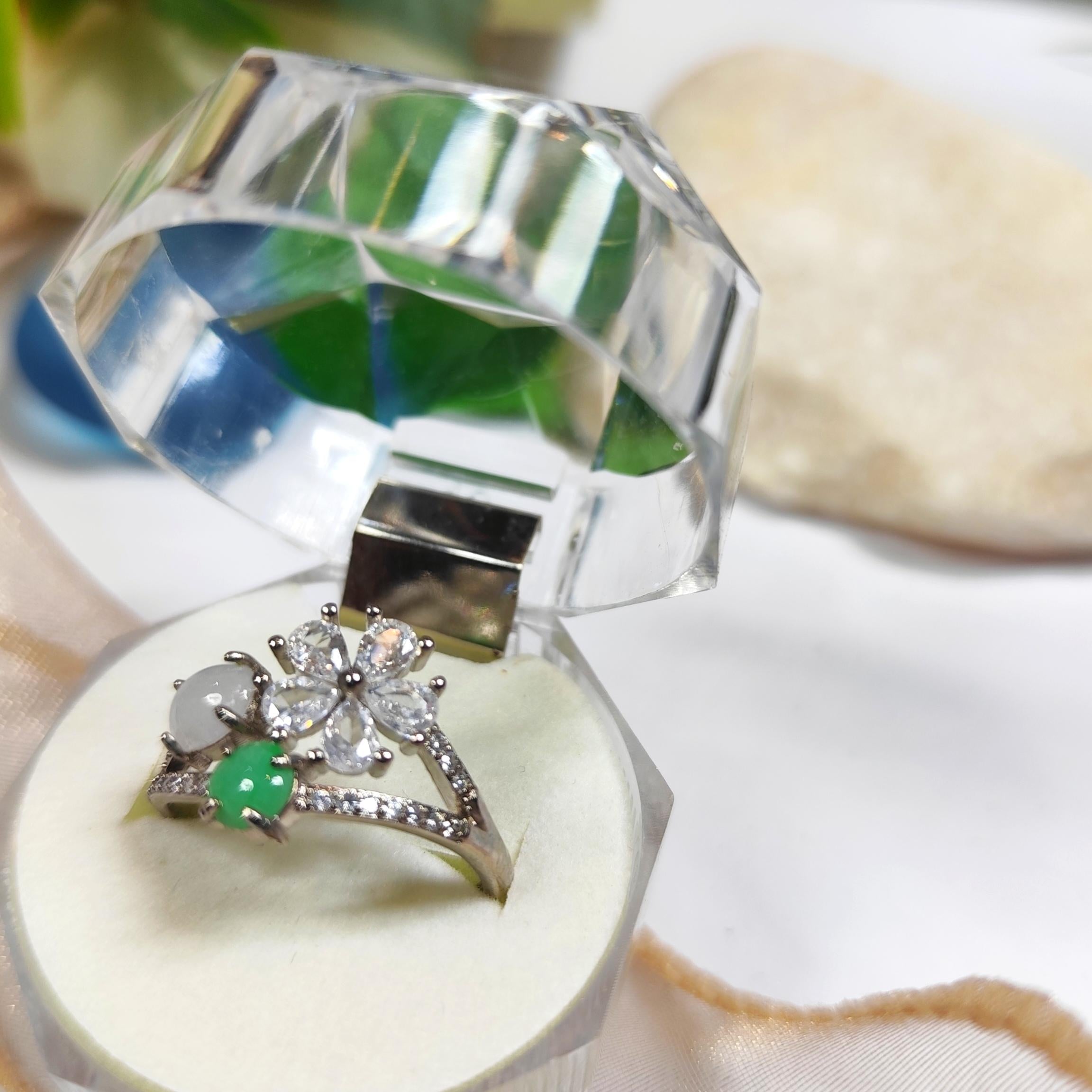 Certified A-Grade Burmese Apple Green & Icy White Jadeite Ring | 18K Gold-Plated S925 Silver | Adjustable Floral Zircon Design | SL189 SL Precious
