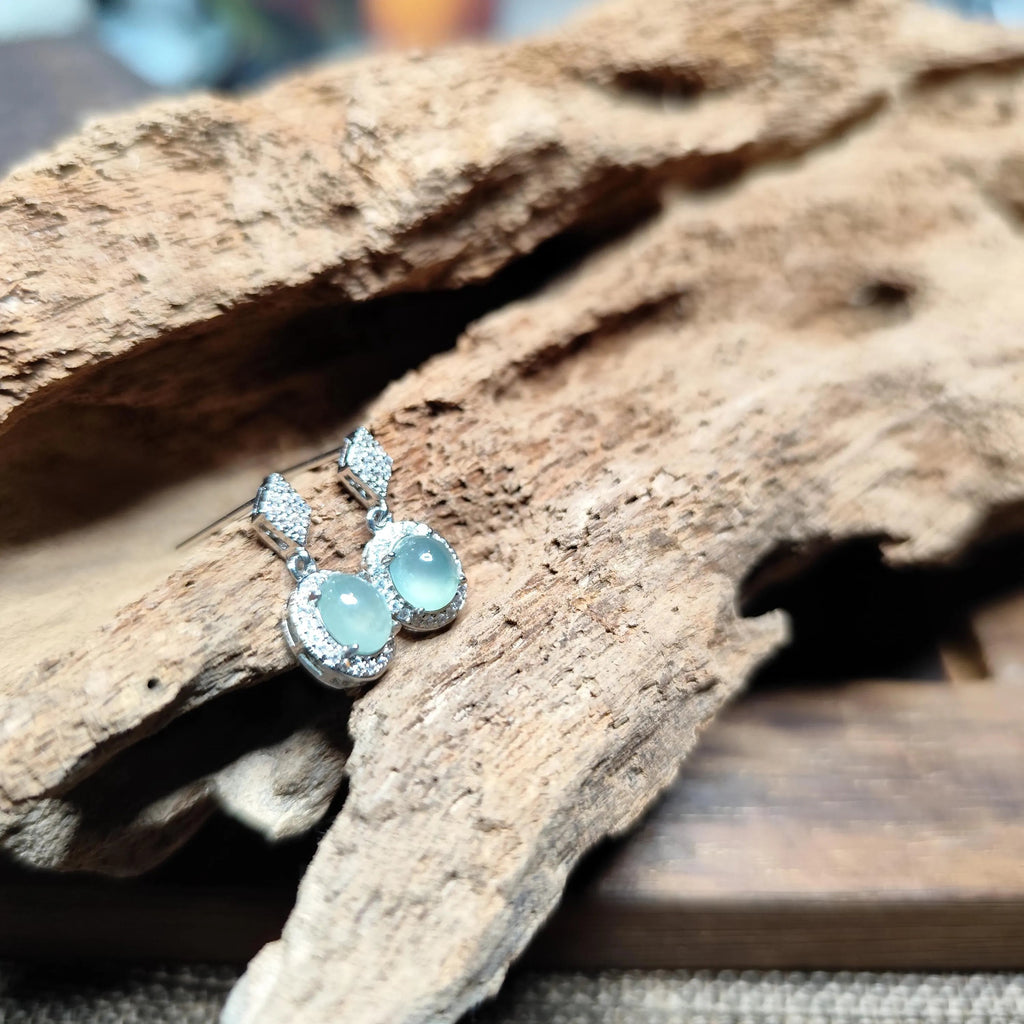 Certified A-Grade Icy Burmese Jadeite Earrings | 18K White Gold-Plated S925 Silver | Minimalist Oval Cabochon with Zircon Halo | SL209 SL Precious