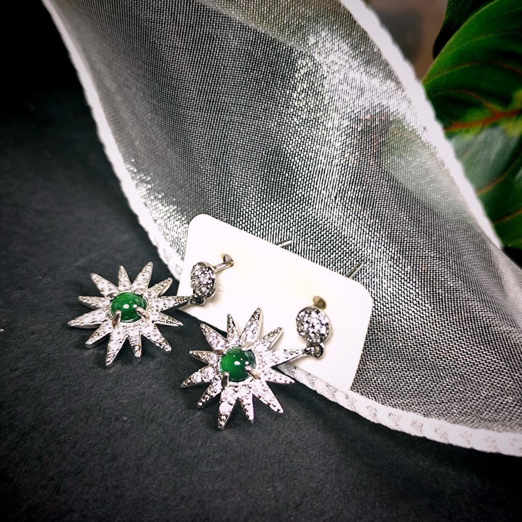 Certified A-Grade Natural Guatemala Jadeite Starburst Earrings | S925 Silver | Sparkling Zircon Drop Design | SL496 SL Precious