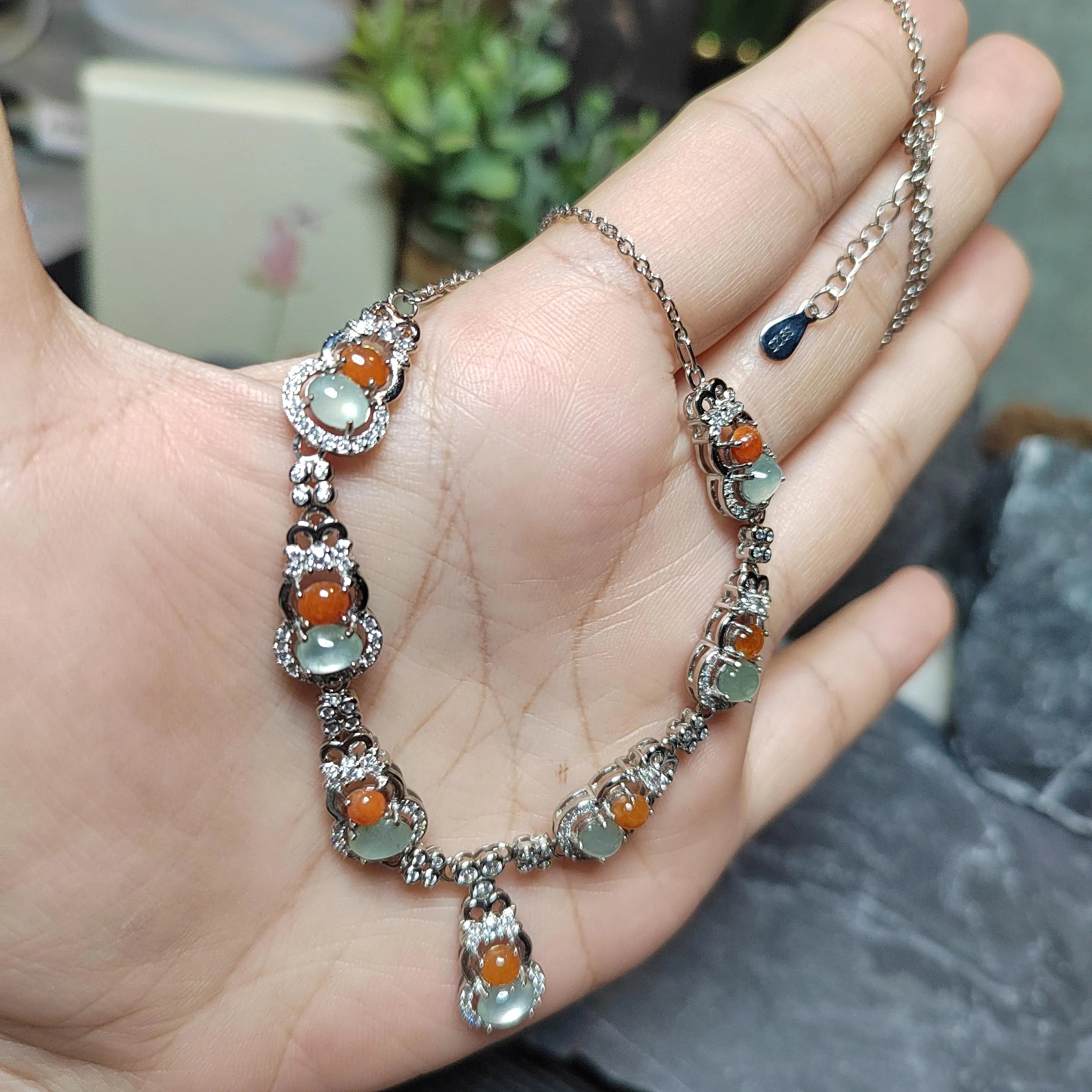 Certified Untreated Burmese Red & White Icy Jadeite Wulu Necklace | S925 Sterling Silver with Zircon SL501 SL Precious