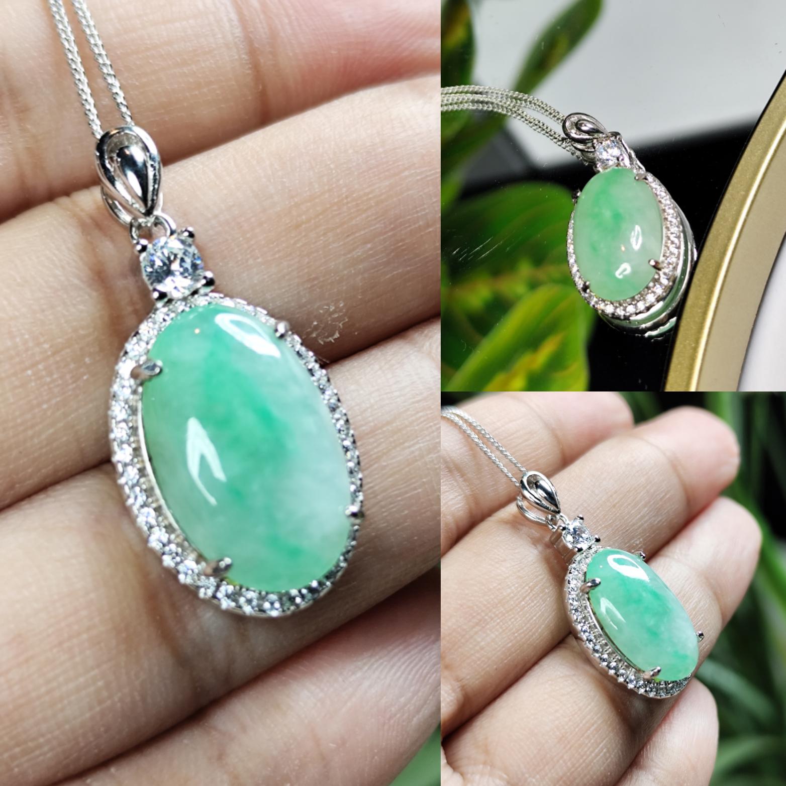 Certified A-Grade Burmese Jadeite Cabochon Pendant Necklace | Vivid Green Oval Jade with Zircon Halo | S925 Sterling Silver | SL466 SL Precious