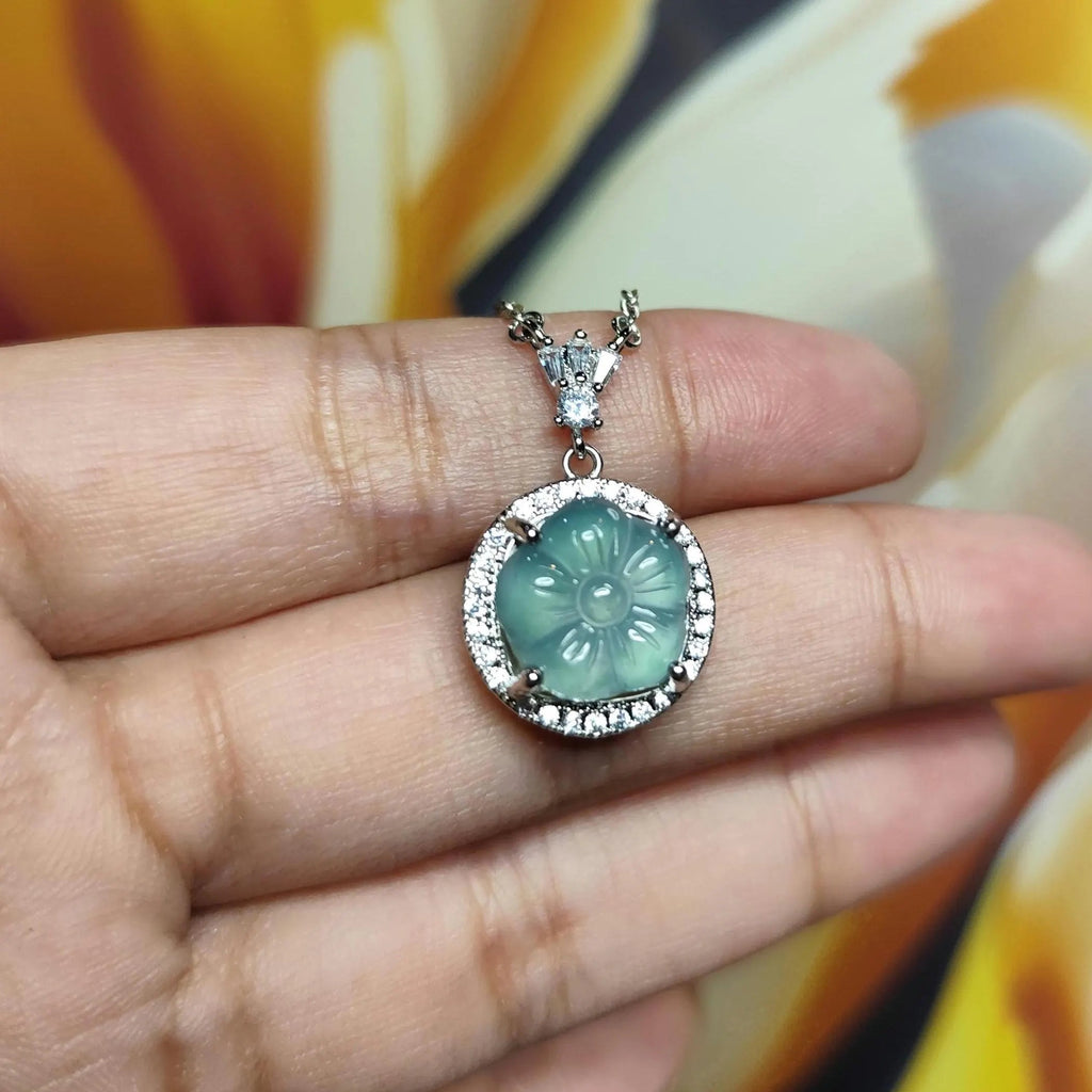 Certified A-Grade Guatemala Jadeite Flower Pendant Necklace | Elegant Minimalist Design with Zircon | S925 Sterling Silver | SL362B SL Precious