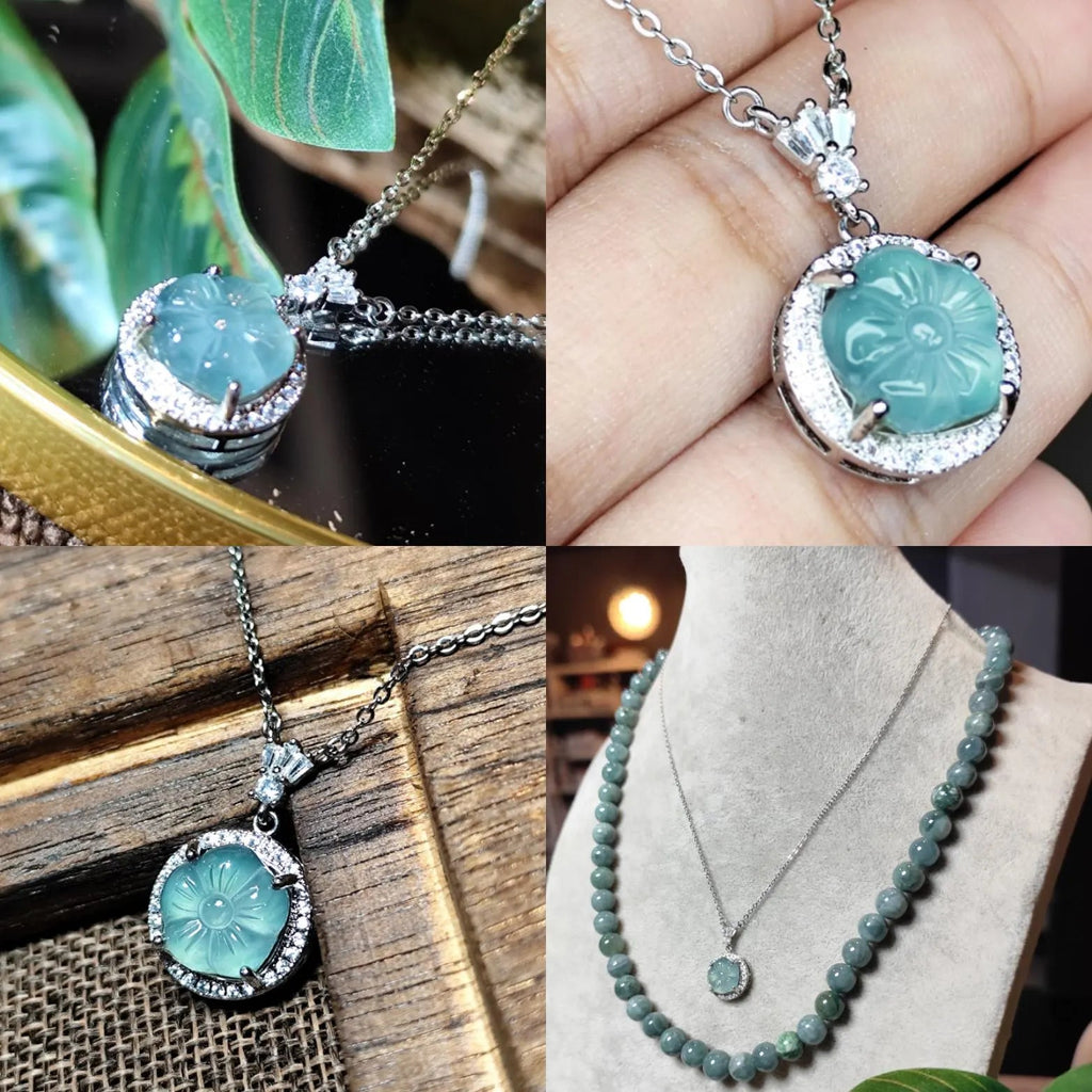 Certified A-Grade Guatemala Jadeite Flower Pendant Necklace | Elegant Minimalist Design with Zircon | S925 Sterling Silver | SL362B SL Precious