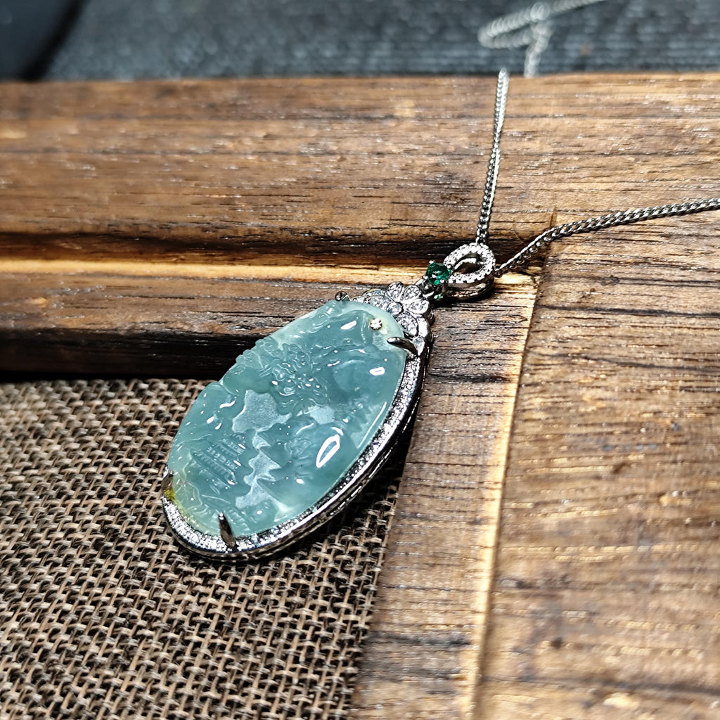 Certified A-Grade Guatemala Jadeite Landscaping Pendant | Large 49mm Carved Mountain Scene | S925 Zircon Setting | 45cm Silver Chain | SL487 SL Precious