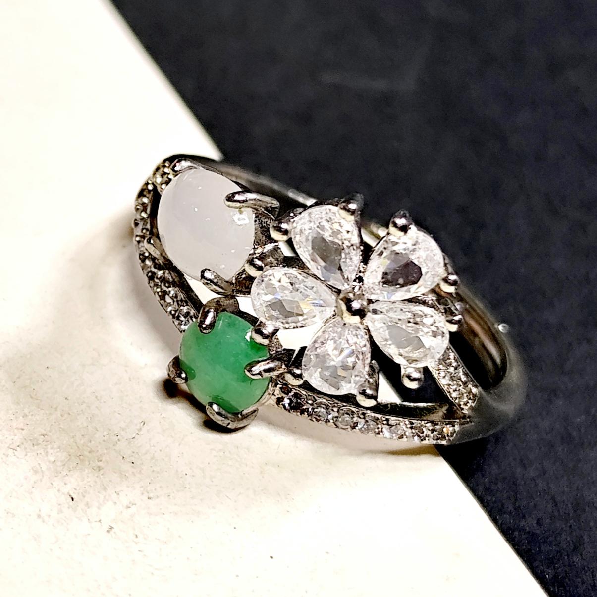 Certified A-Grade Burmese Apple Green & Icy White Jadeite Ring | 18K Gold-Plated S925 Silver | Adjustable Floral Zircon Design | SL189 SL Precious