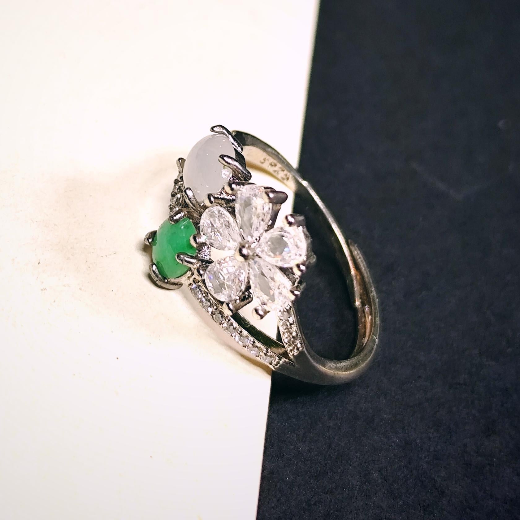 Certified A-Grade Burmese Apple Green & Icy White Jadeite Ring | 18K Gold-Plated S925 Silver | Adjustable Floral Zircon Design | SL189 SL Precious