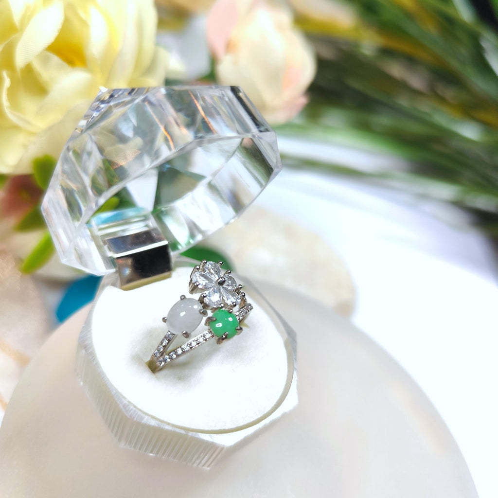 Certified A-Grade Burmese Apple Green & Icy White Jadeite Ring | 18K Gold-Plated S925 Silver | Adjustable Floral Zircon Design | SL189 SL Precious