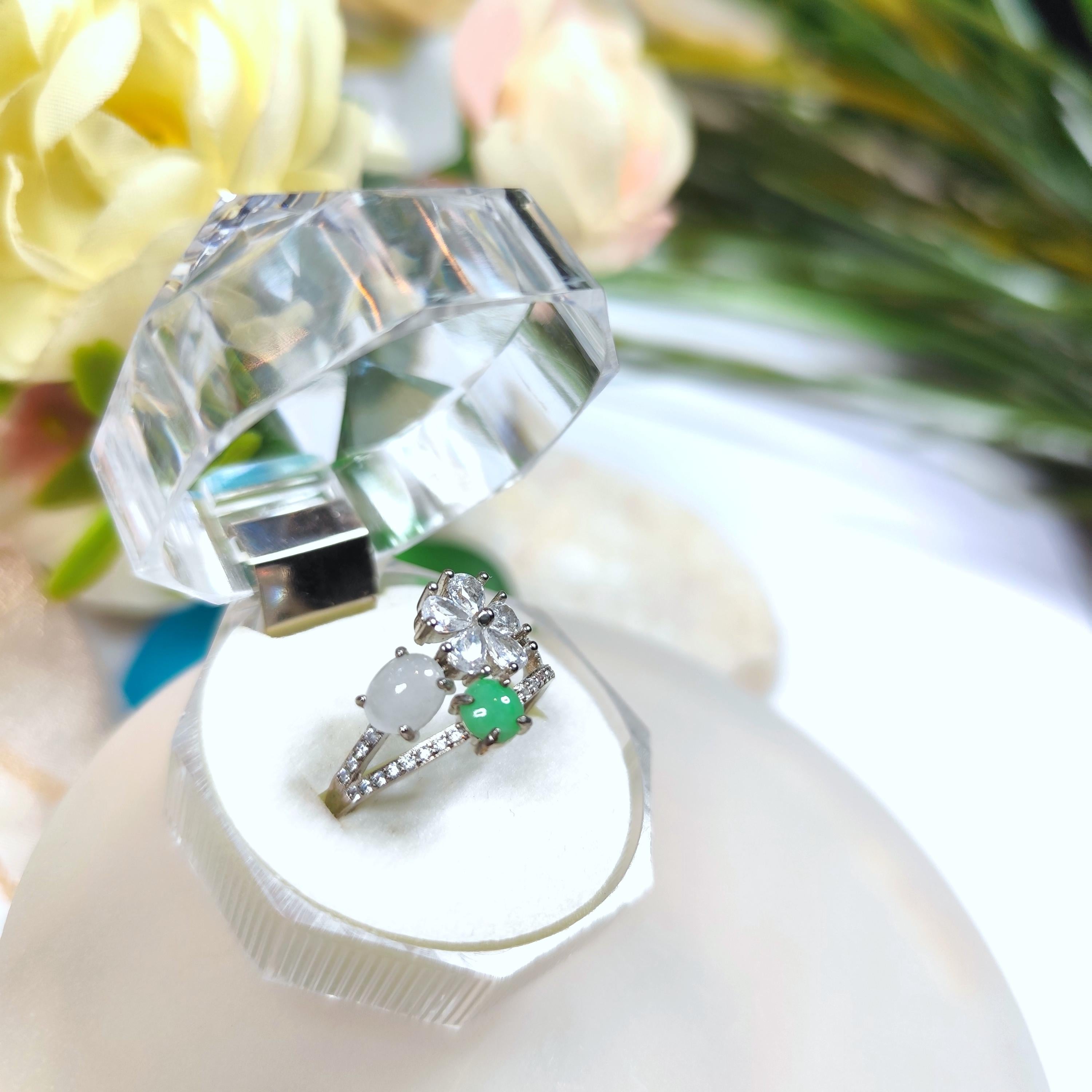 Certified A-Grade Burmese Apple Green & Icy White Jadeite Ring | 18K Gold-Plated S925 Silver | Adjustable Floral Zircon Design | SL189 SL Precious