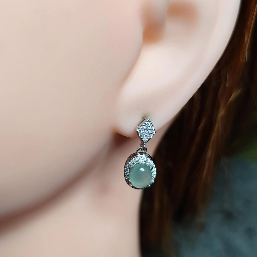 Certified A-Grade Icy Burmese Jadeite Earrings | 18K White Gold-Plated S925 Silver | Minimalist Oval Cabochon with Zircon Halo | SL209 SL Precious