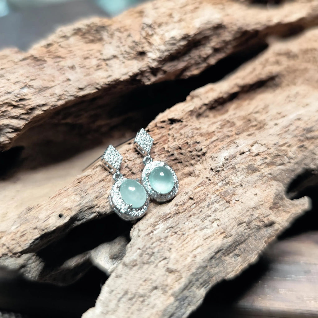Certified A-Grade Icy Burmese Jadeite Earrings | 18K White Gold-Plated S925 Silver | Minimalist Oval Cabochon with Zircon Halo | SL209 SL Precious