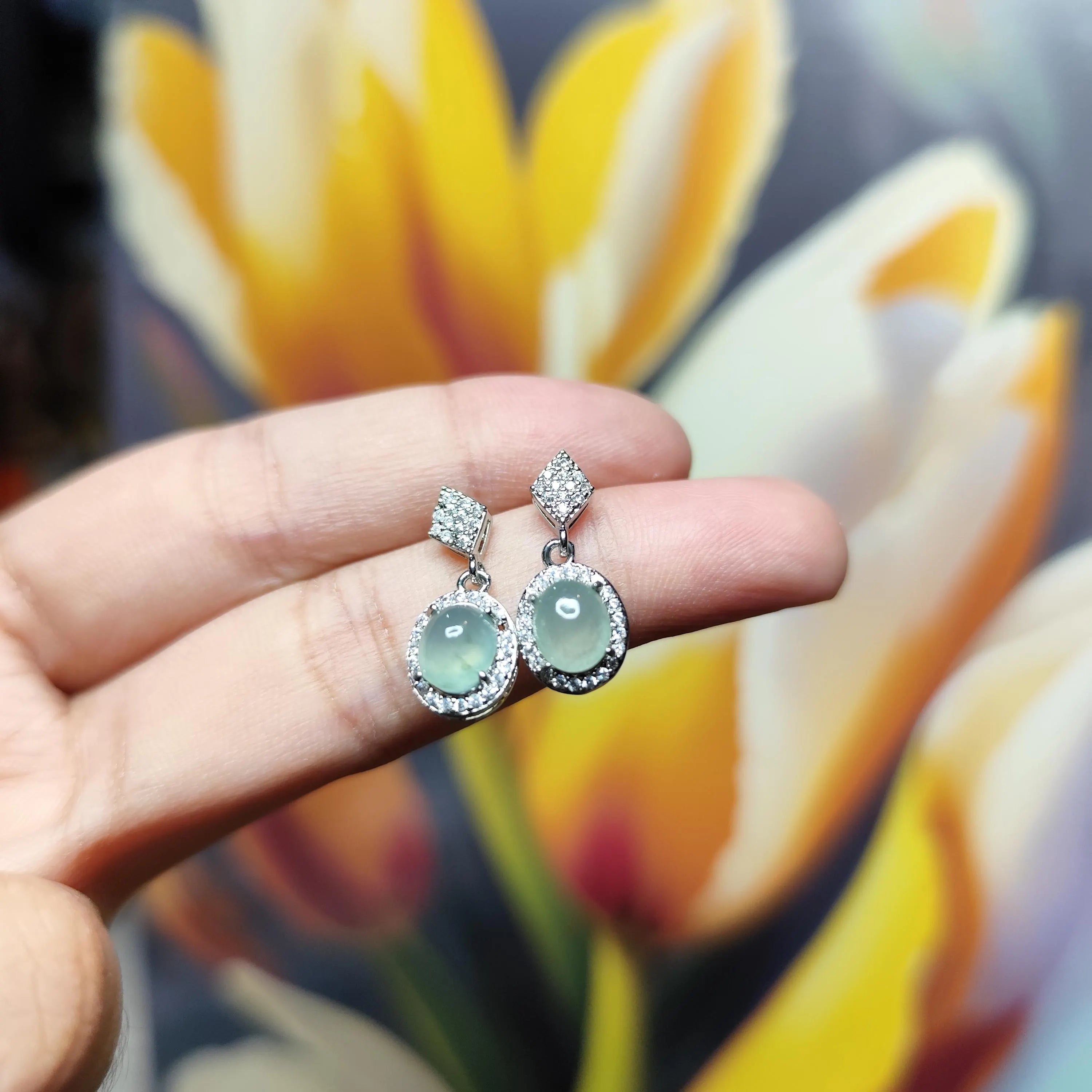 Certified A-Grade Icy Burmese Jadeite Earrings | 18K White Gold-Plated S925 Silver | Minimalist Oval Cabochon with Zircon Halo | SL209 SL Precious