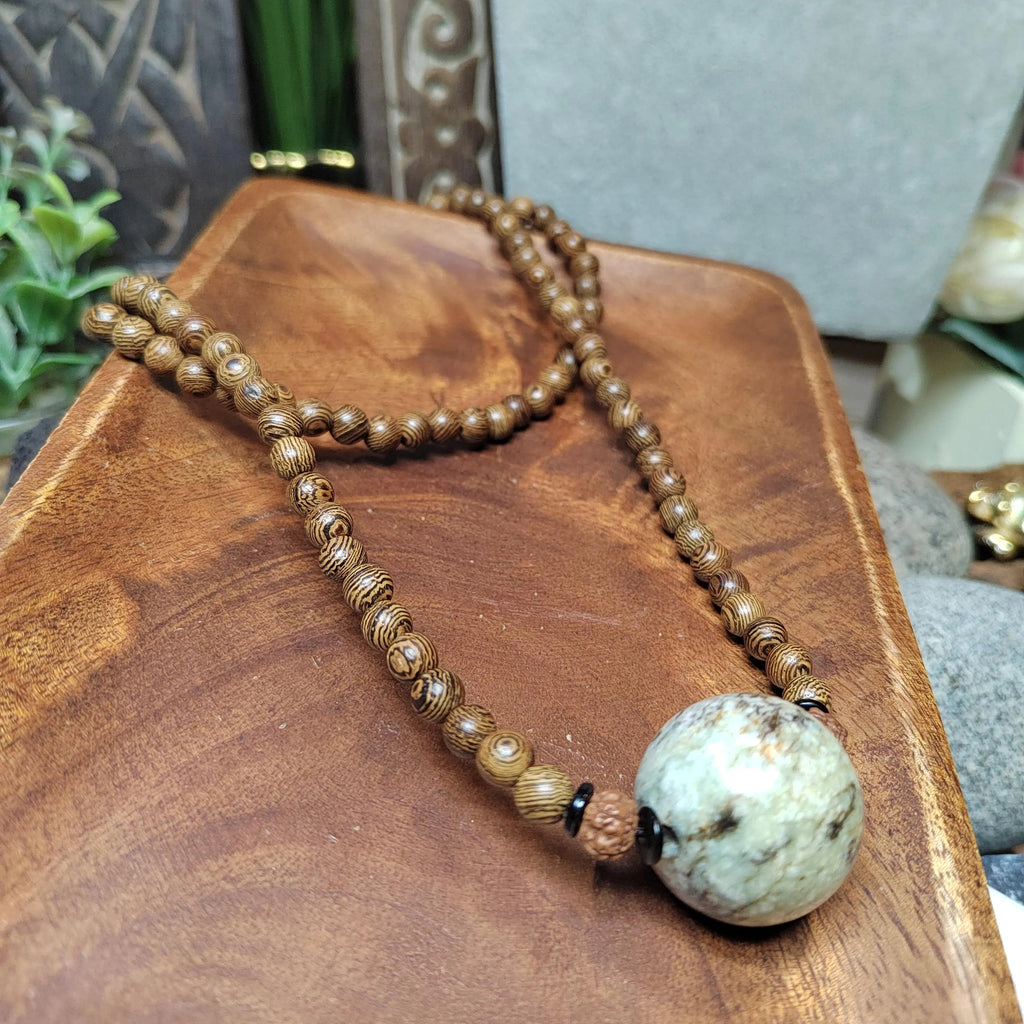 Certified Large Hemo Jade Bead with 108 Natural Wooden Prayer Beads | 25mm Centerpiece | 73cm Length | Rare Xiuyan River Jade SL507 SL Precious