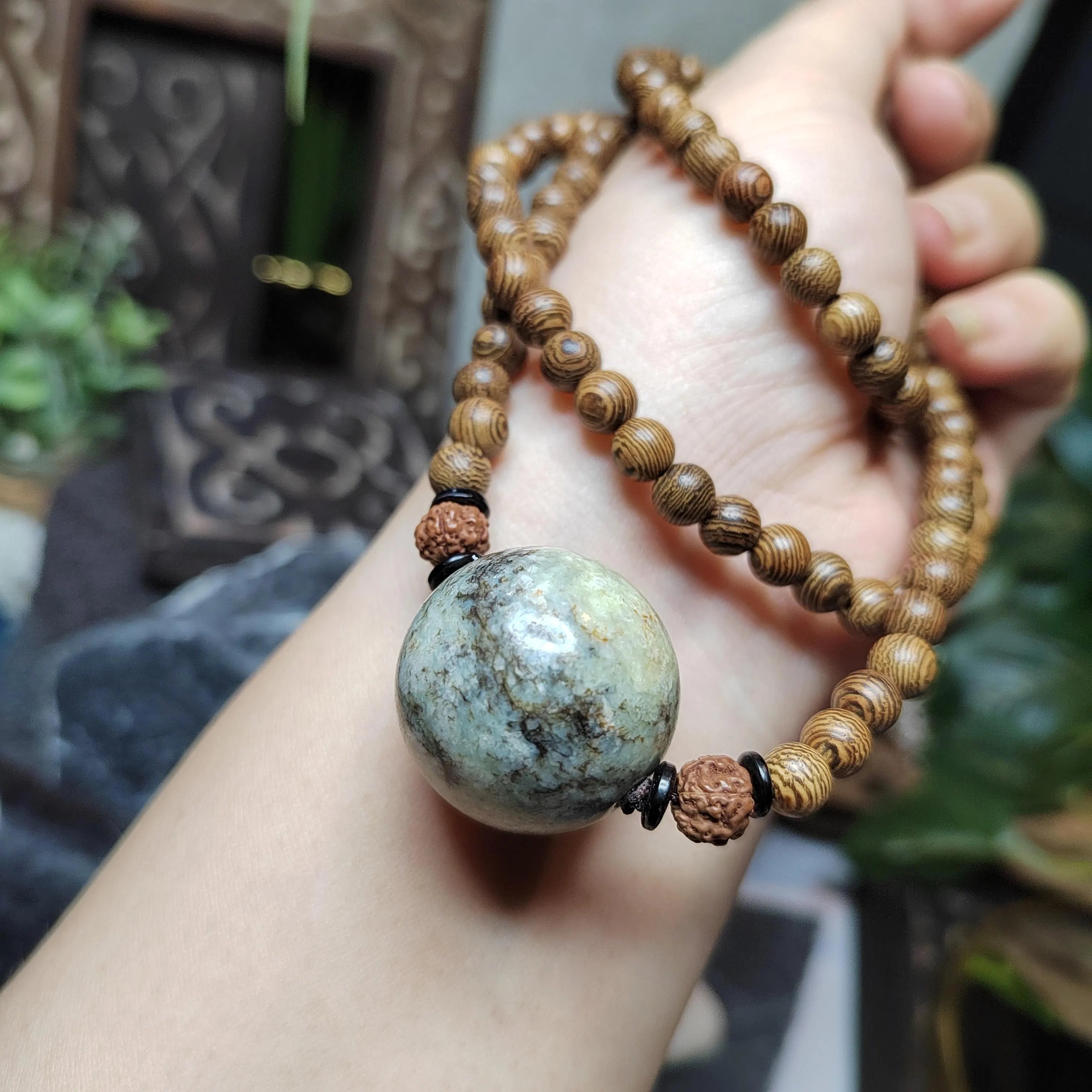 Certified Large Hemo Jade Bead with 108 Natural Wooden Prayer Beads | 25mm Centerpiece | 73cm Length | Rare Xiuyan River Jade SL507 SL Precious