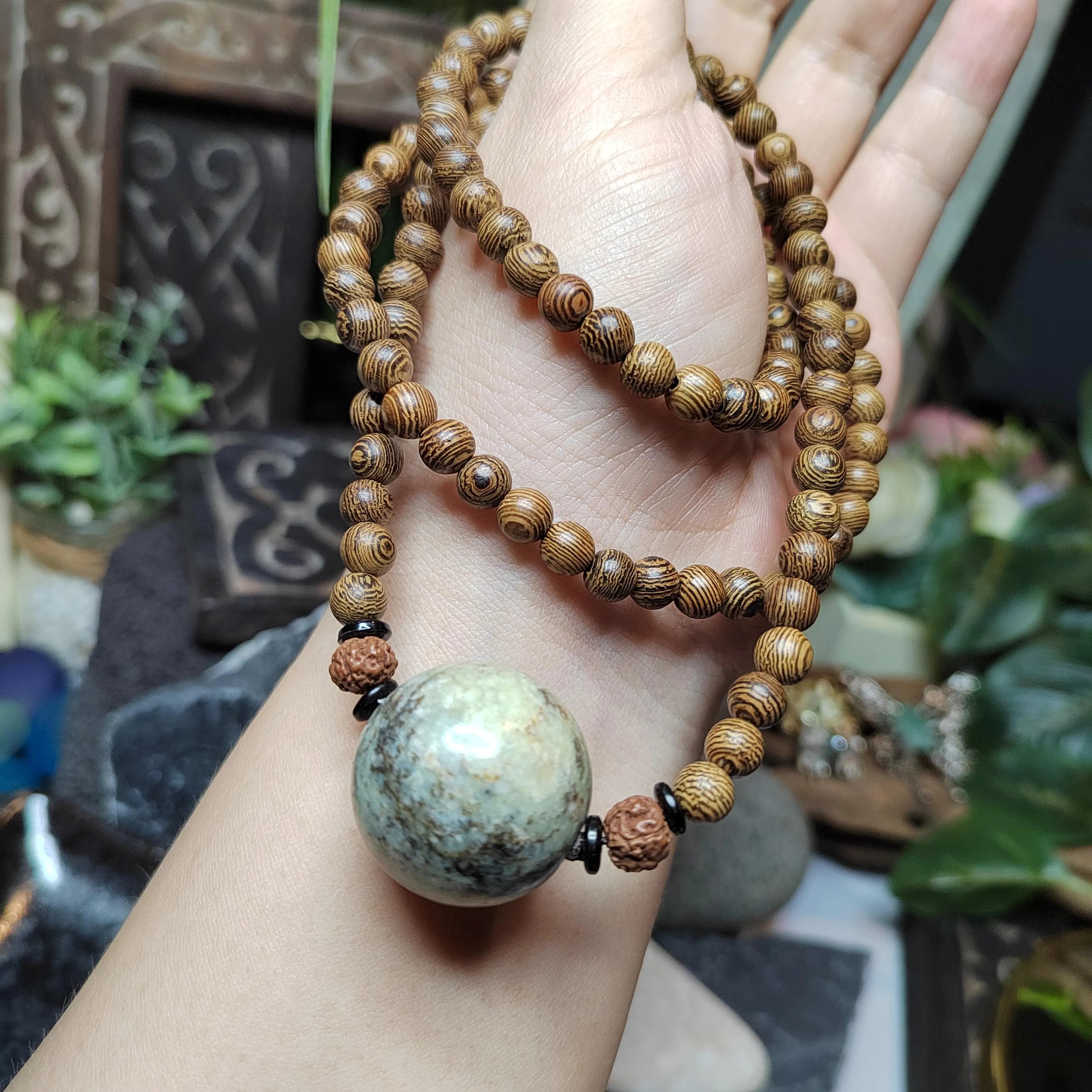 Certified Large Hemo Jade Bead with 108 Natural Wooden Prayer Beads | 25mm Centerpiece | 73cm Length | Rare Xiuyan River Jade SL507 SL Precious