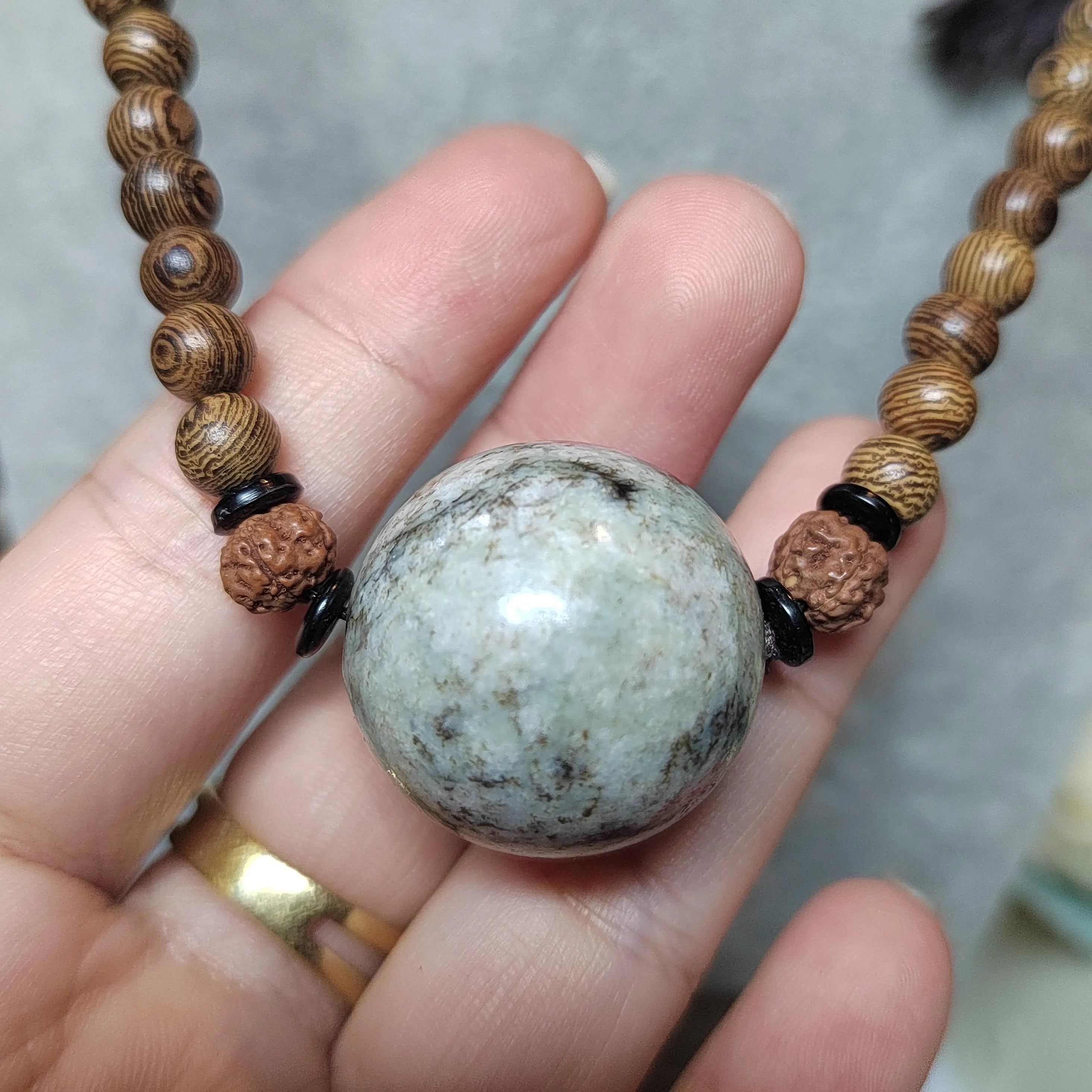 Certified Large Hemo Jade Bead with 108 Natural Wooden Prayer Beads | 25mm Centerpiece | 73cm Length | Rare Xiuyan River Jade SL507 SL Precious