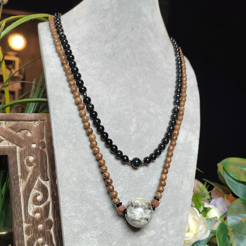 Certified Large Hemo Jade Bead with 108 Natural Wooden Prayer Beads | 25mm Centerpiece | 73cm Length | Rare Xiuyan River Jade SL507 SL Precious