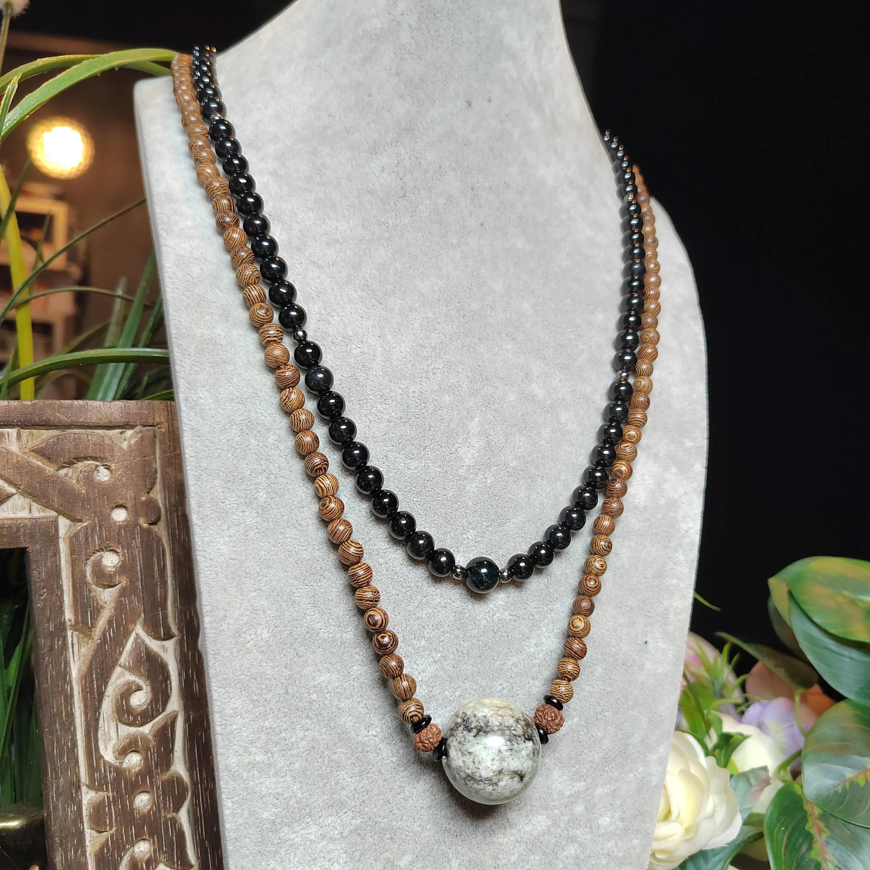 Certified Large Hemo Jade Bead with 108 Natural Wooden Prayer Beads | 25mm Centerpiece | 73cm Length | Rare Xiuyan River Jade SL507 SL Precious