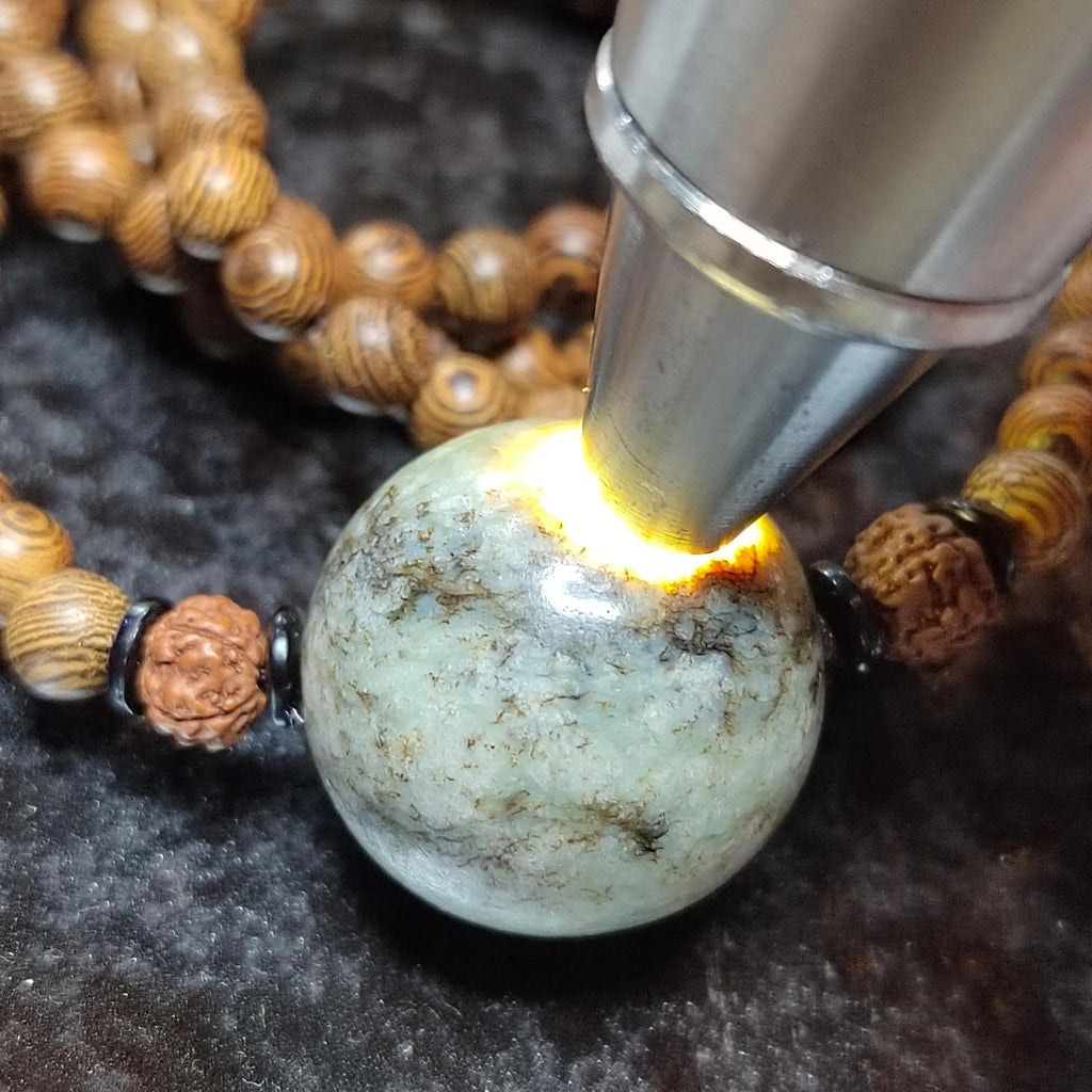 Certified Large Hemo Jade Bead with 108 Natural Wooden Prayer Beads | 25mm Centerpiece | 73cm Length | Rare Xiuyan River Jade SL507 SL Precious