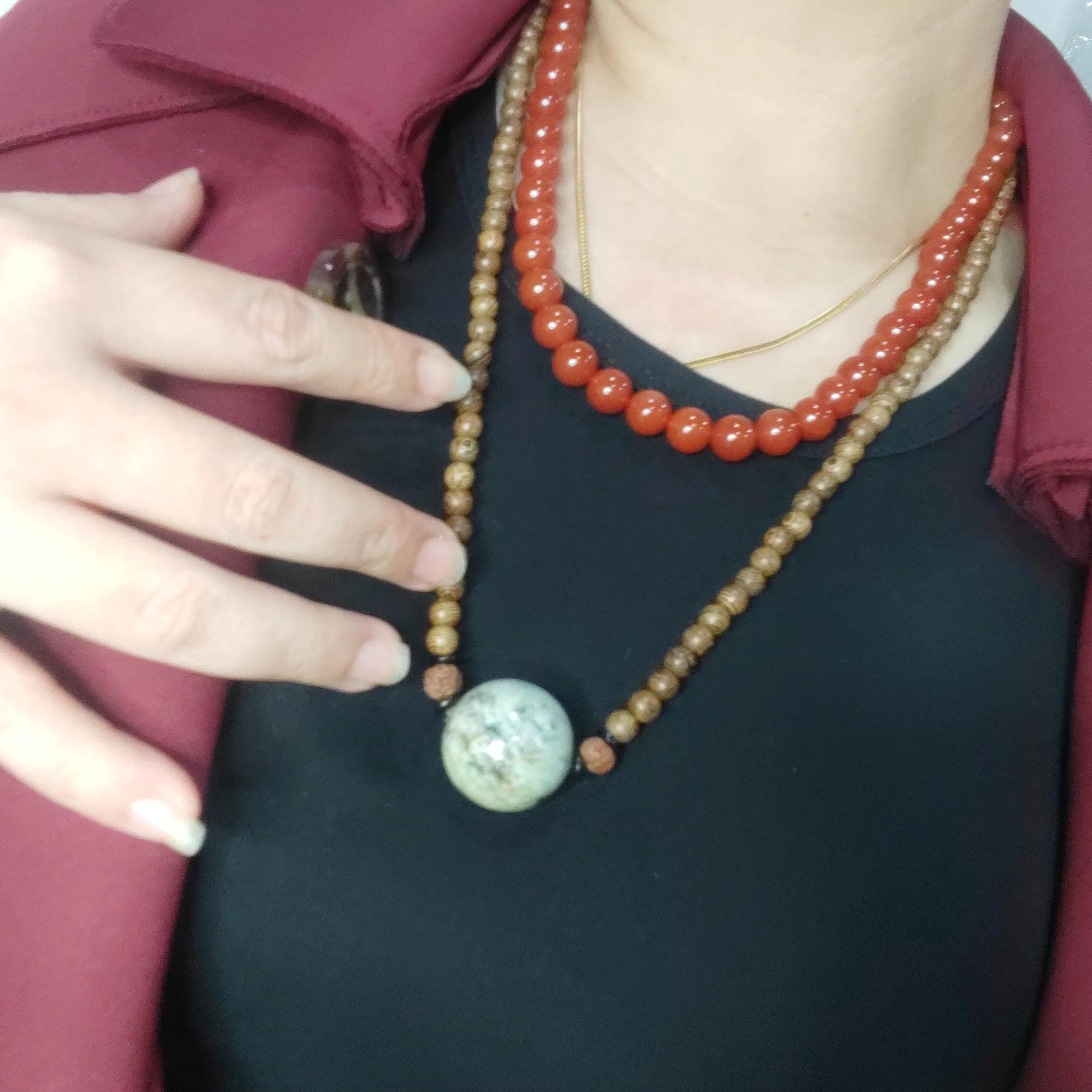 Certified Large Hemo Jade Bead with 108 Natural Wooden Prayer Beads | 25mm Centerpiece | 73cm Length | Rare Xiuyan River Jade SL507 SL Precious