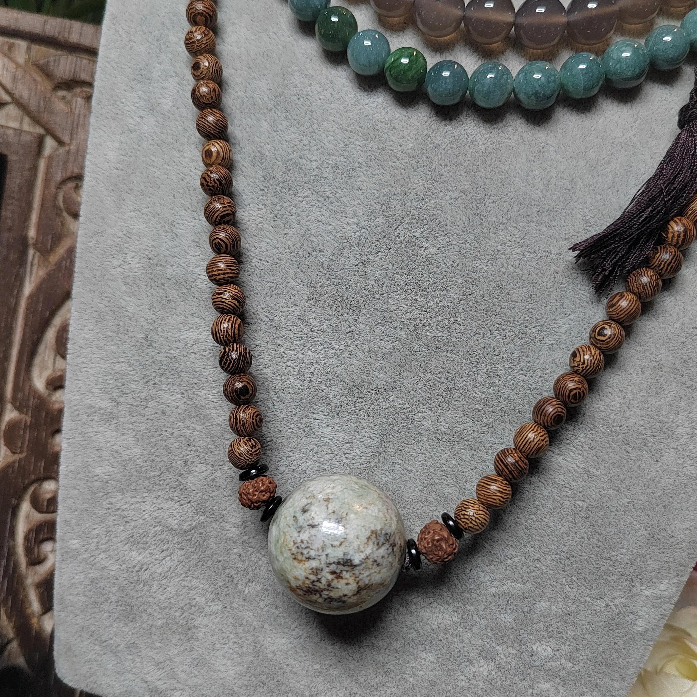 Certified Large Hemo Jade Bead with 108 Natural Wooden Prayer Beads | 25mm Centerpiece | 73cm Length | Rare Xiuyan River Jade SL507 SL Precious