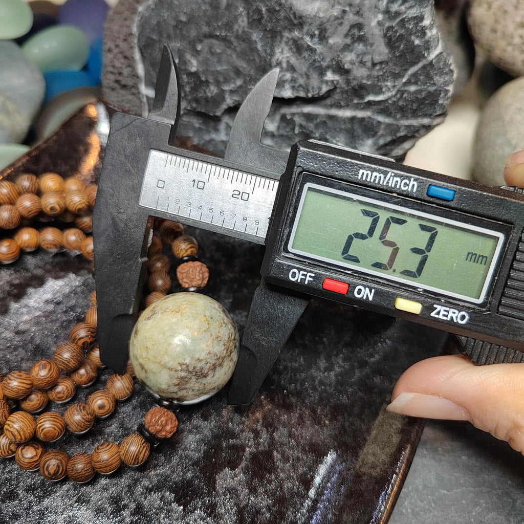 Certified Large Hemo Jade Bead with 108 Natural Wooden Prayer Beads | 25mm Centerpiece | 73cm Length | Rare Xiuyan River Jade SL507 SL Precious