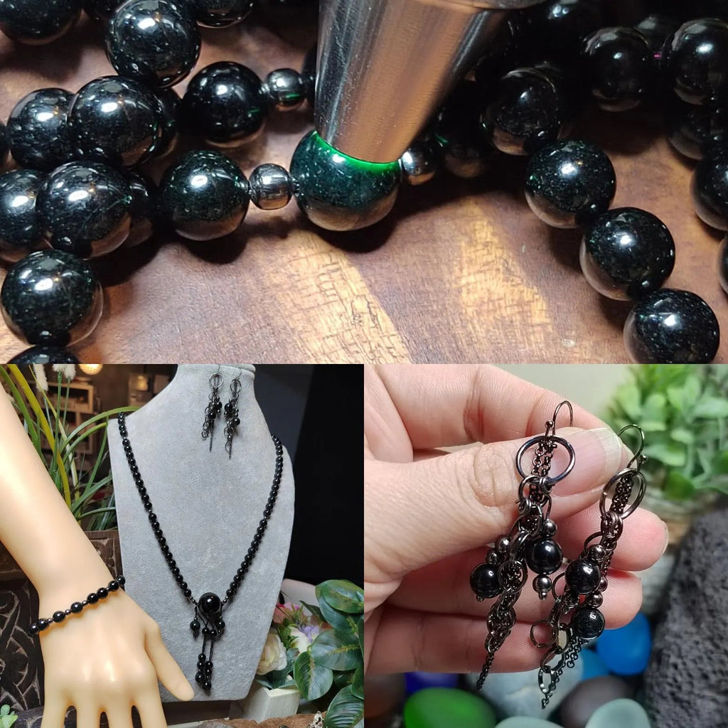 Certified Black Ink Jadeite Necklace Set | Burmese Mala, Earrings & Bracelet SL508 SL Precious
