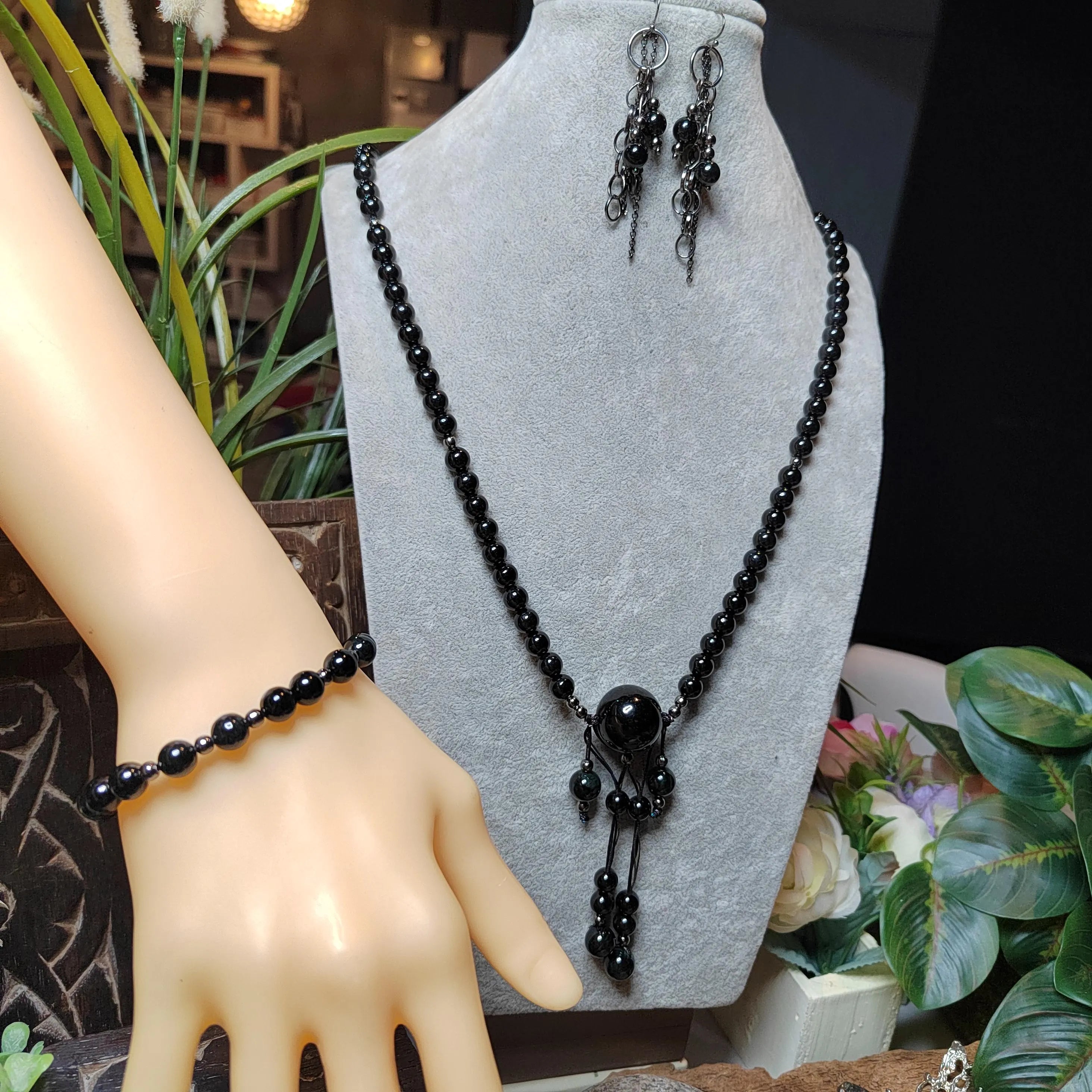 Certified Black Ink Jadeite Necklace Set | Burmese Mala, Earrings & Bracelet SL508 SL Precious