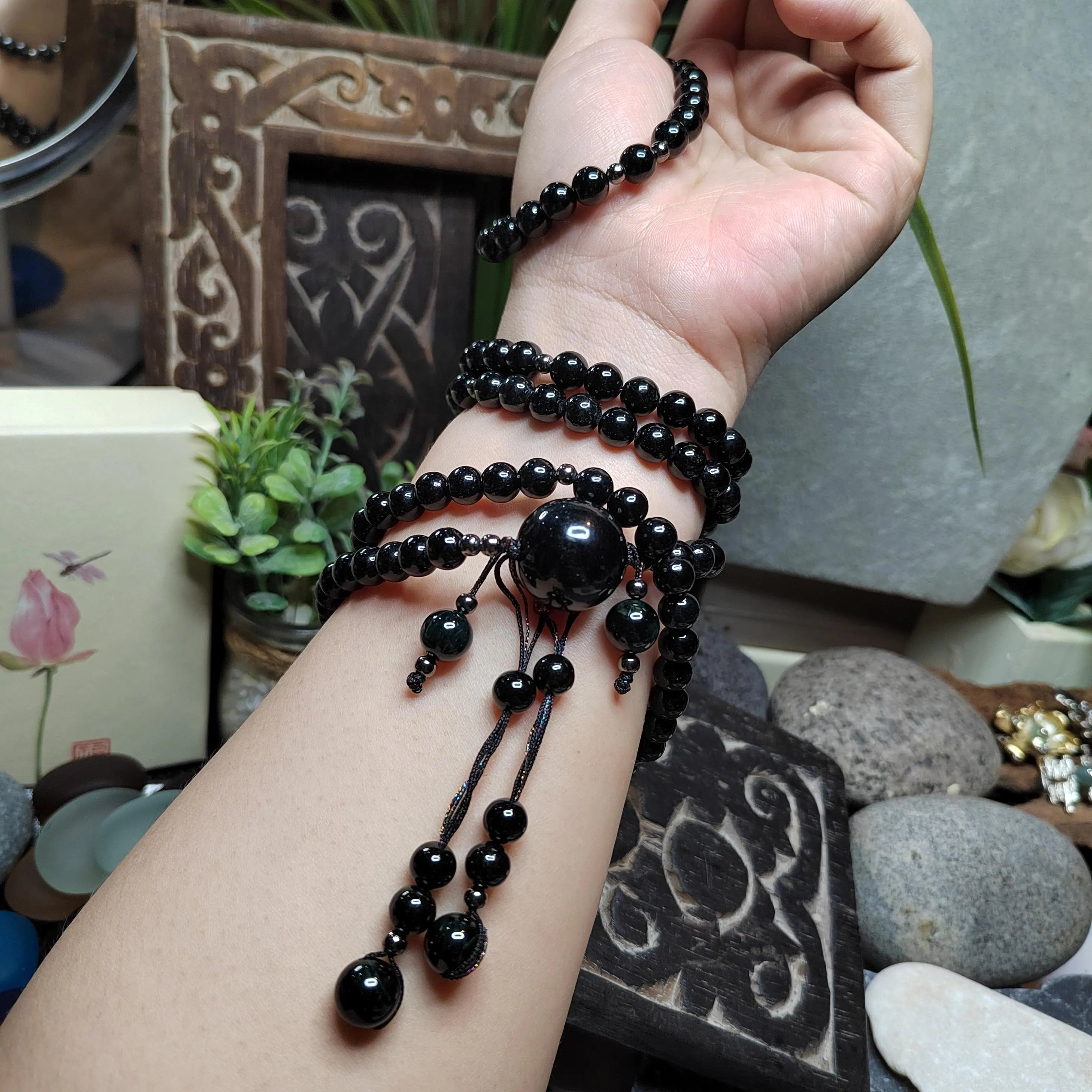 Certified Black Ink Jadeite Necklace Set | Burmese Mala, Earrings & Bracelet SL508 SL Precious