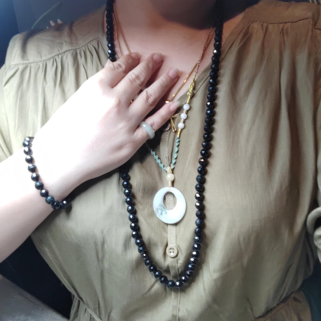 Burmese Black Jadeite Necklace Bracelet Set | Diamond-Cut Beads SL511 SL Precious