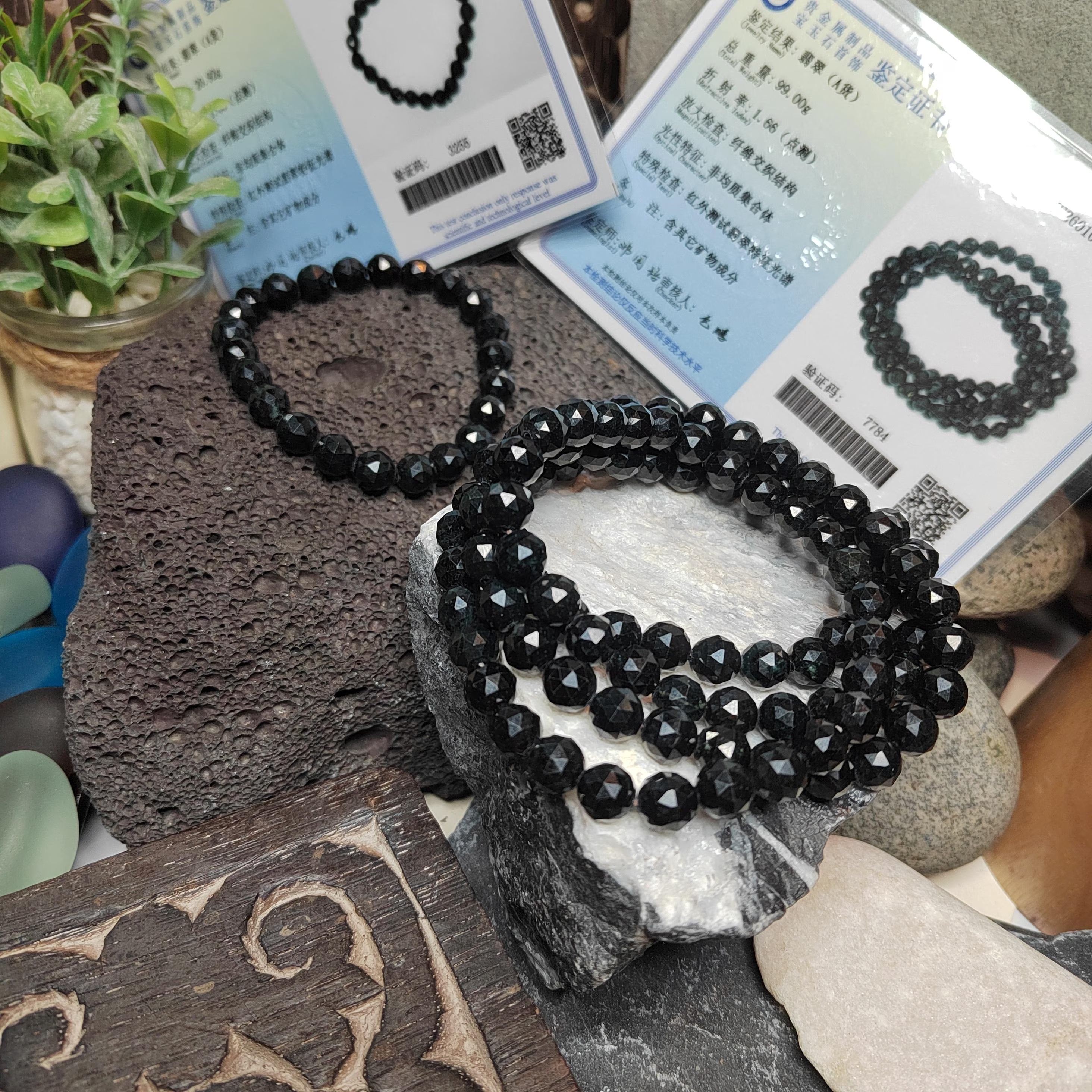 Burmese Black Jadeite Necklace Bracelet Set | Diamond-Cut Beads SL511 SL Precious